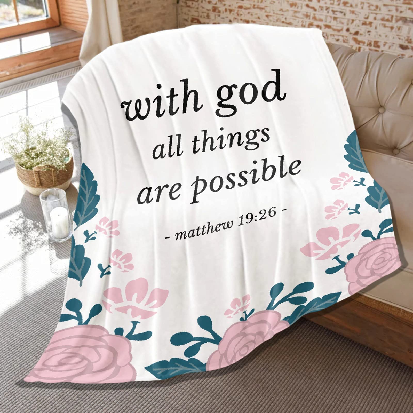 Soft Inspirational Bible Verse Blanket - 'With God All Things Are Possible' - Lightweight Flannel Throw Blanket for Couch, Bed & Sofa - Extra Large 120x90 Inches - Perfect Gift for Men, Women & Family - Ideal for Prayer, Meditation, Bible Study & Cozy Home Decor