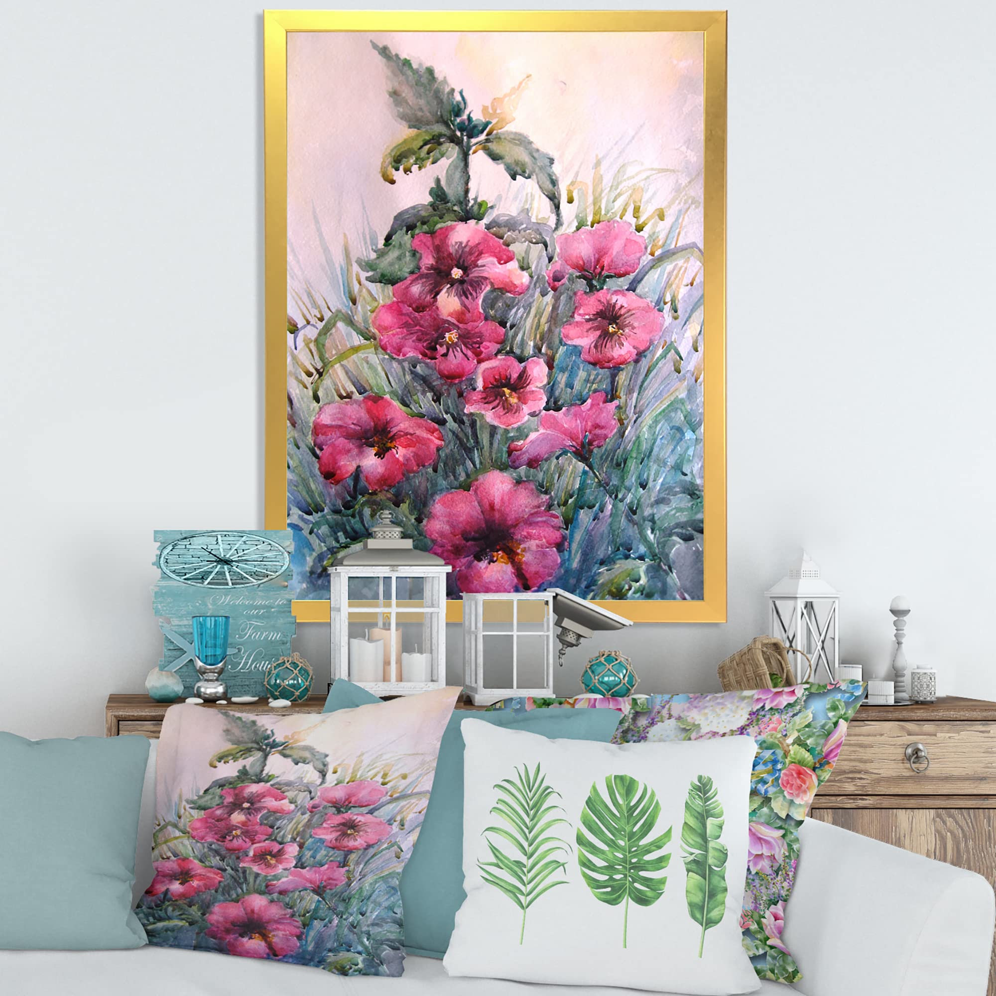 DesignQ Blossoming Hibiscus In The Wild Traditional Framed Wall Art - Tropical Floral Canvas Painting for Living Room, Bedroom & Office Decor