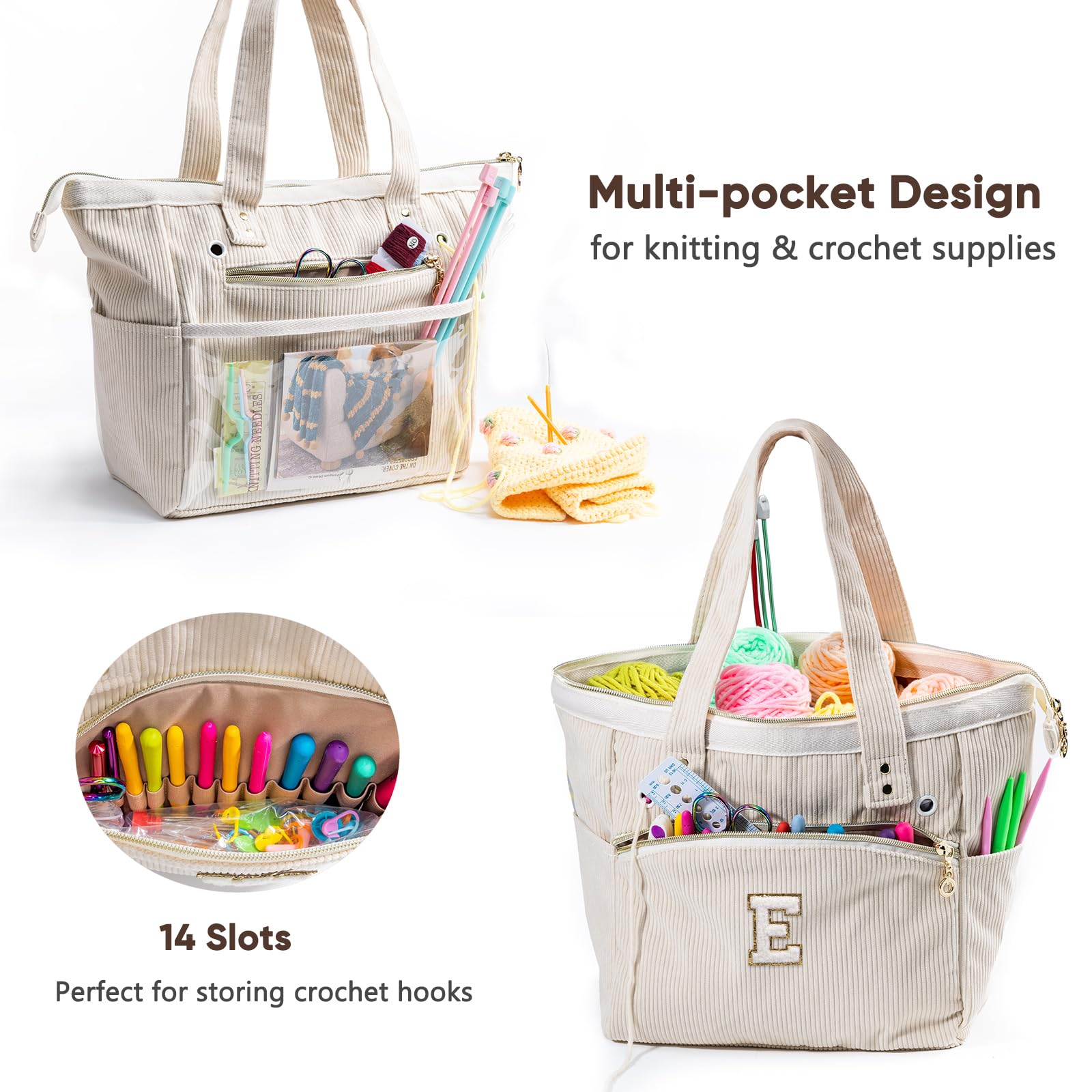 Personalized Crochet Tote Bag - Corduroy Yarn Storage Organizer for Knitting Hooks & Accessories - Perfect Knitting Project Bag & Gift for Crochet Lovers - Ideal for Crafting, Travel & Daily Use