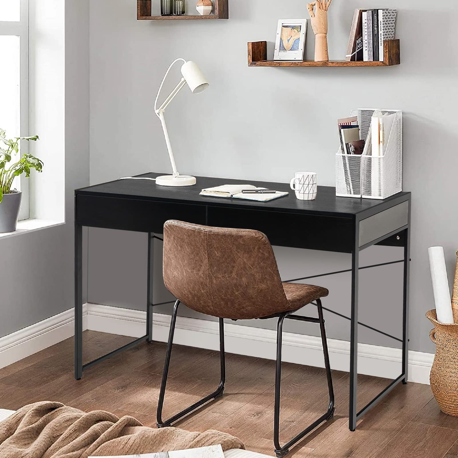 GOFLAME 44 Inch Computer Desk with 2 Storage Drawers - Sturdy Steel Frame Home Office Desk, Study Writing Workstation & Makeup Vanity Table for Living Room, Bedroom & Home Office - Perfect for Remote Work, Online Classes & Small Space Organization (Black)