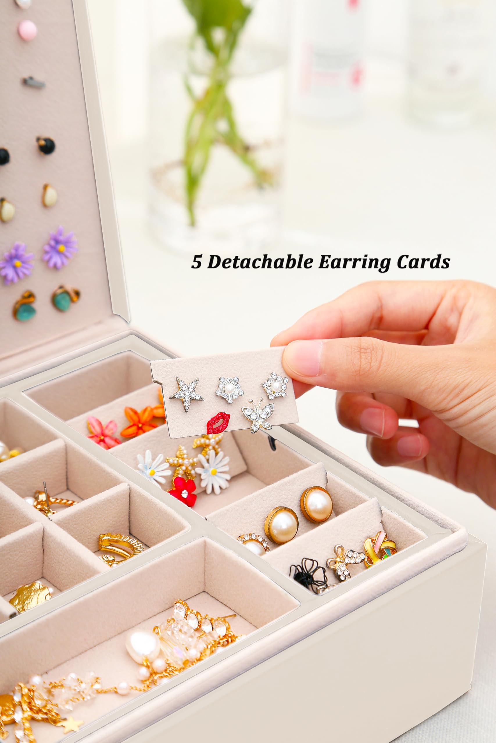 **Beige Jewelry Box Organizer for Girls - Earring Holder, Necklace & Ring Storage - Perfect for Teen Bedroom, Birthday Gifts & Travel Jewelry Case**