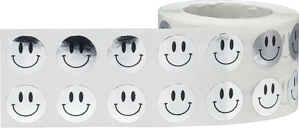 1/2 Inch Small Metallic Silver Happy Face Stickers - 1,000 Adhesive Labels on a Roll - Perfect for Kids Classroom Rewards, Motivational Charts & DIY Crafts - Great for Teachers, Students & Office Use