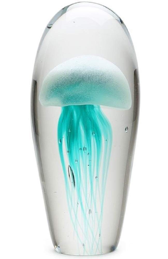Glow in The Dark Jellyfish Glass Paperweight - Turquoise Tall Jelly Fish Figurine for Home Office Decor, Gift Idea, and Ocean Theme Collection