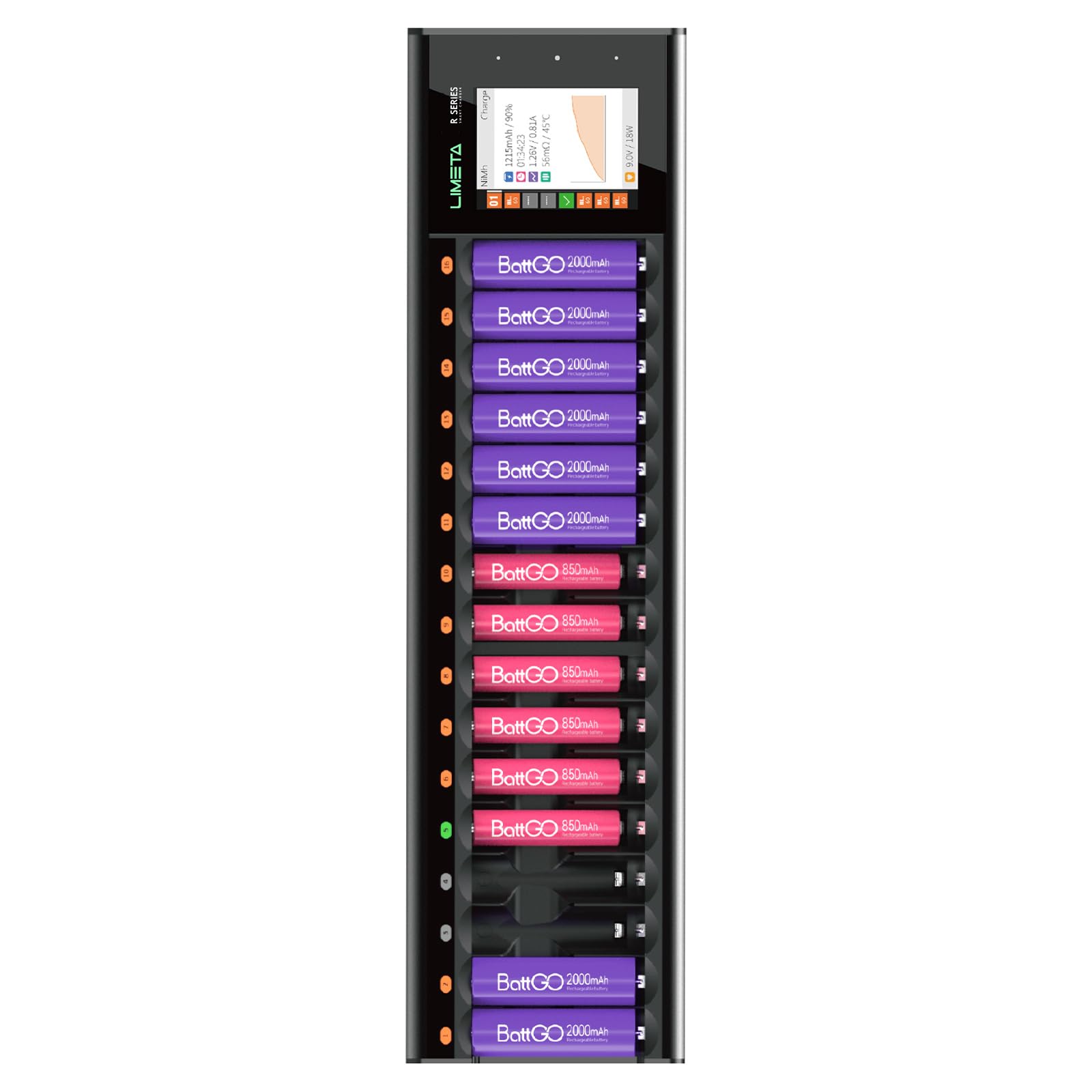 LIMETA 16 Bay AA AAA Battery Charger with LCD Display - Fast USB Charging, Discharge Function & Over-Charge Protection - Universal Charger for LiHv, Ni-MH, Ni-Cd, LiFePO4, Li-ion Rechargeable Batteries - Perfect for Home, Office, and Travel Use