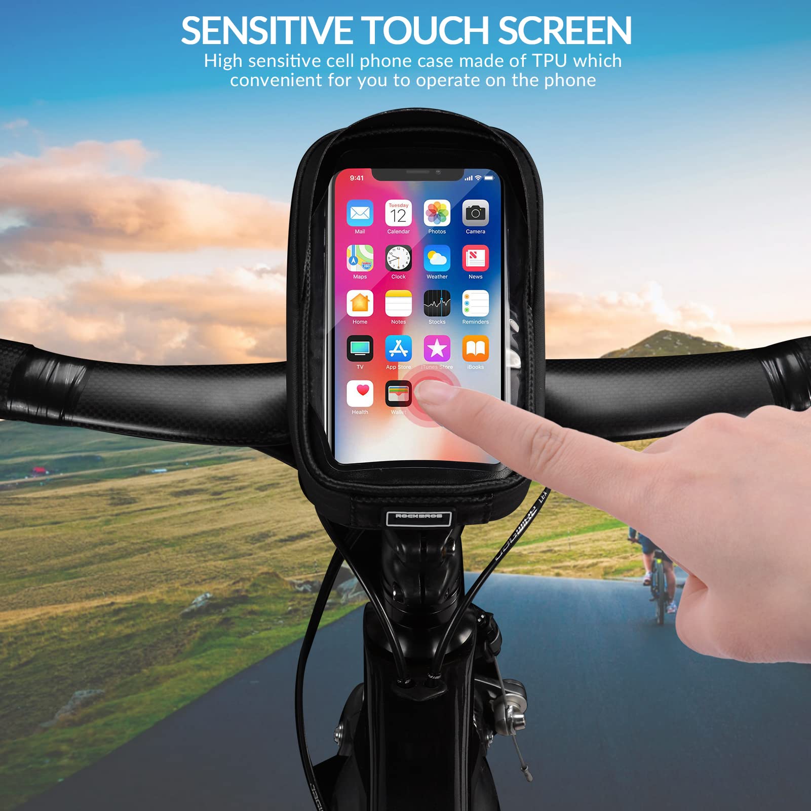 ROCKBROS Waterproof Bike Phone Mount Bag - Front Frame Handlebar Pouch for iPhone 11/XS Max/XR/8 Plus (Under 6.5