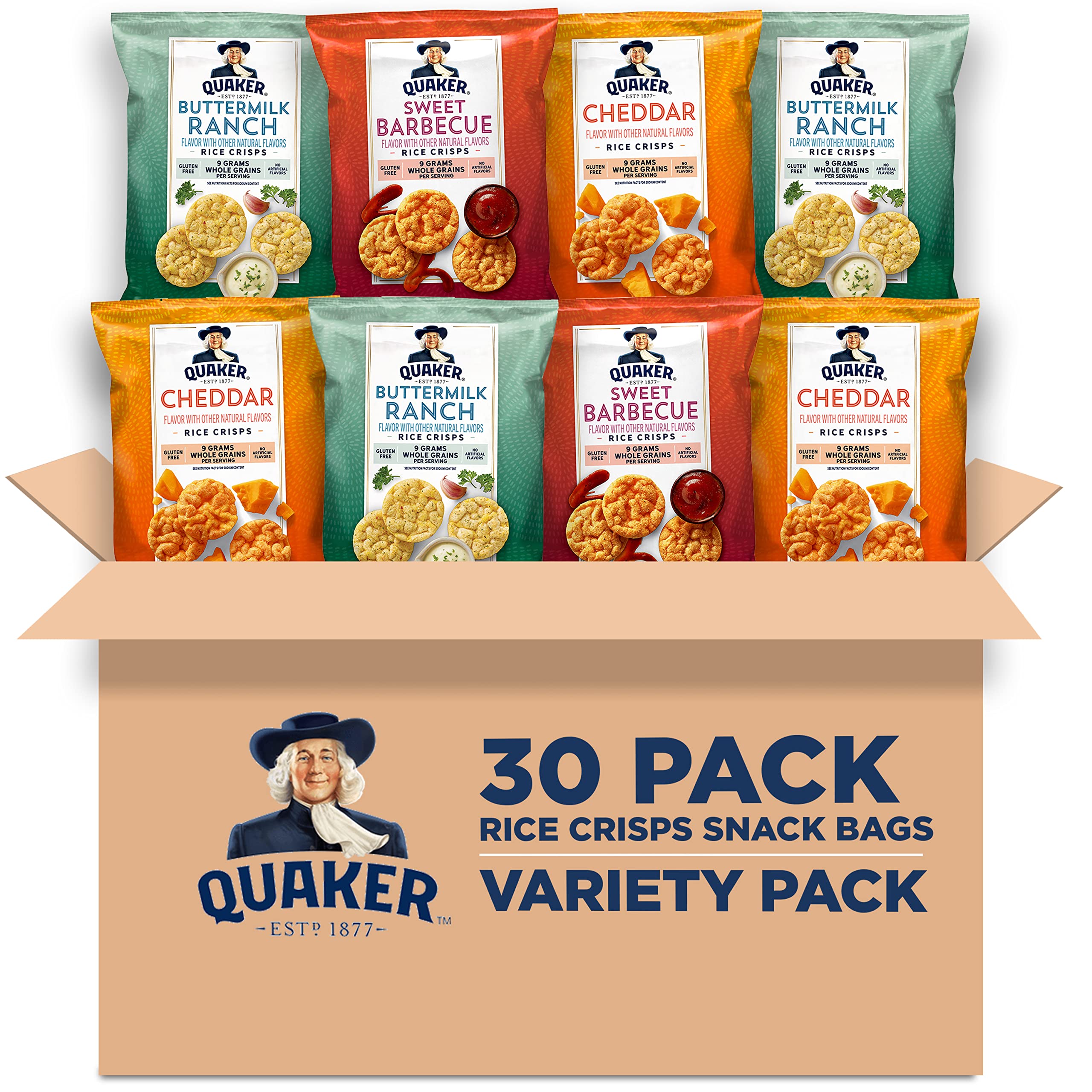 Quaker Gluten Free Rice Crisps - 3 Flavor Savory Variety Pack (Pack of 30, 0.67oz Single Serve Bags, 20.1oz Total) - Perfect for Snacking, Lunch Boxes & On-The-Go