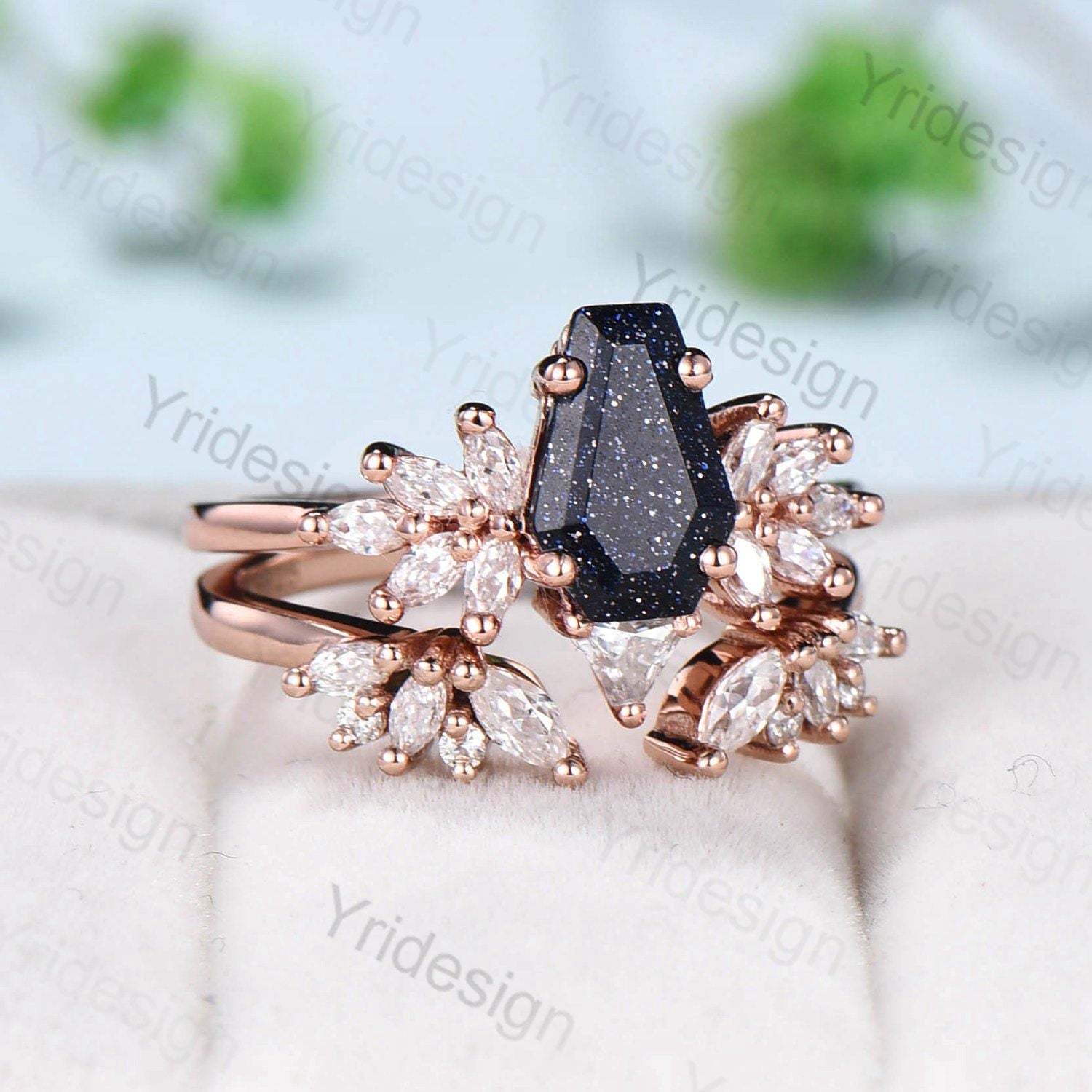 Vintage Blue Sandstone Coffin-Shaped Ring Set - Unique Moissanite Engagement & Wedding Promise Ring for Women - Gothic Galaxy Jewelry for Bridal, Cosplay, and Dark Aesthetic Fashion