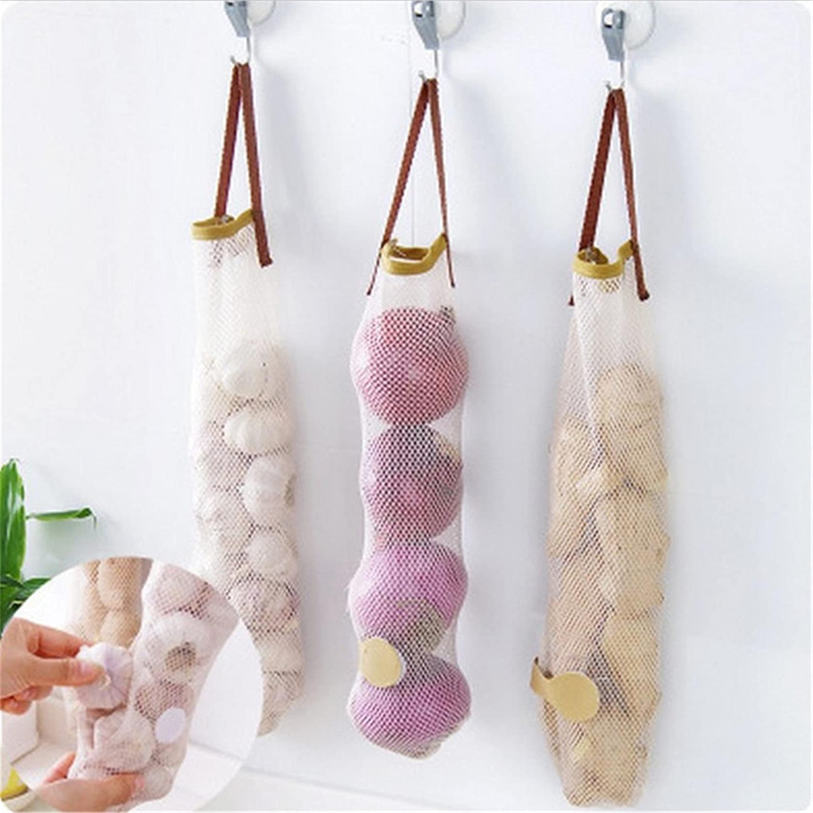 Reusable Hanging Mesh Storage Bags for Onions, Garlic, Potatoes & Produce - Breathable Net Bags for Fruits & Vegetables - Perfect for Kitchen Pantry, Grocery Shopping & Farmers Market
