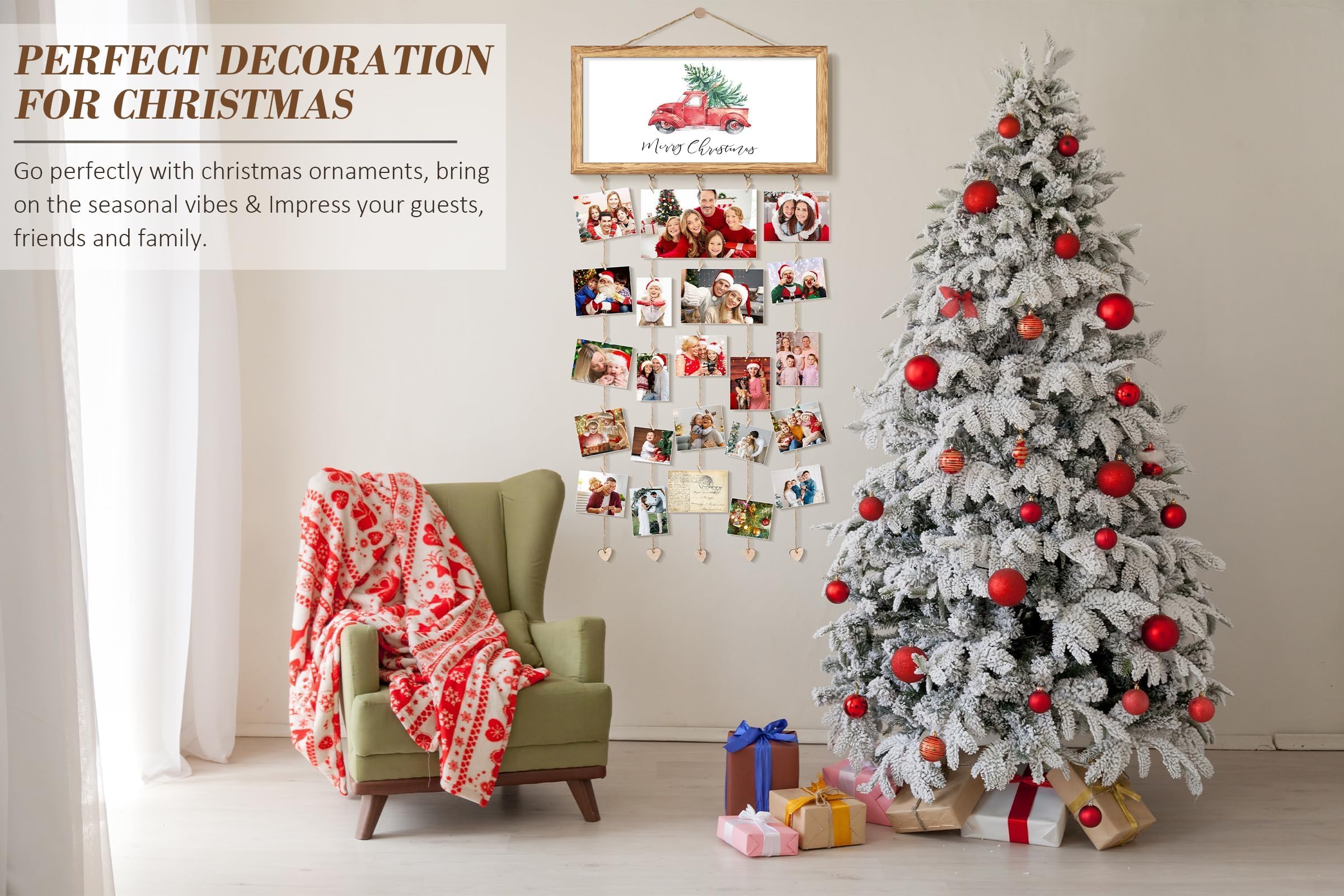 Wooden Christmas Card Holder Display - Wall Hanging Photo Clip Organizer for Holiday Greeting Cards | Merry Christmas Sign & Family Wall Decor | Perfect for Living Room, Bedroom, Entryway Decorations | Great Gift Idea for Christmas