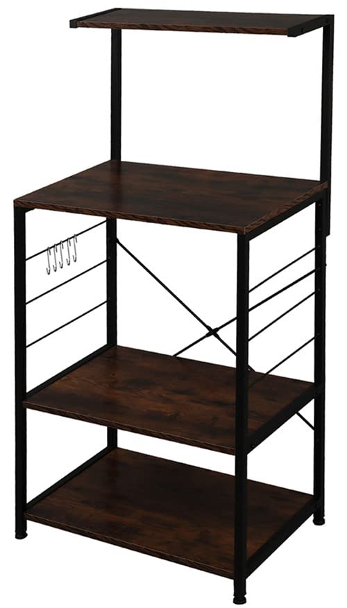 4-Tier Metal Standing Baker's Rack with Hooks - Rustic Brown Kitchen Microwave Oven Stand, Multipurpose Storage Shelf for Living Room & Kitchen - Perfect for Small Spaces, Pantry Organization & Baking Needs