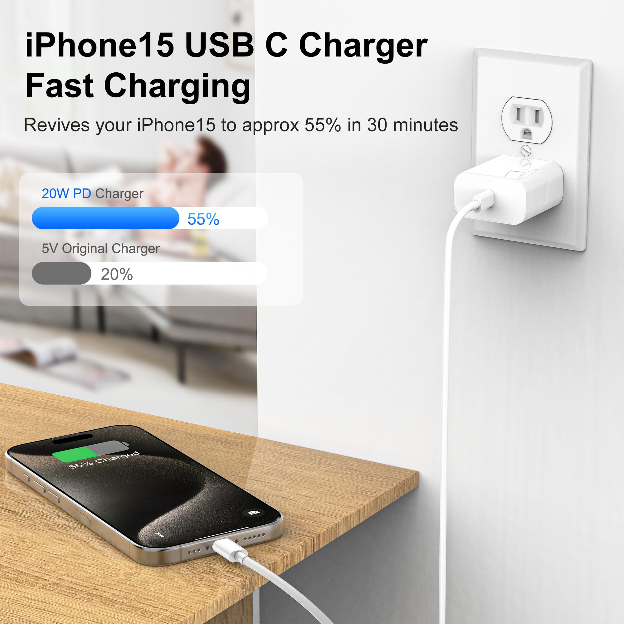 20W USB-C Fast Charger 3 Pack with 6ft Cable - Compatible with iPhone 16/16 Pro/16 Pro Max/16 Plus/15 Series, iPad Air, iPad Pro - Quick Charging for Home, Office & Travel