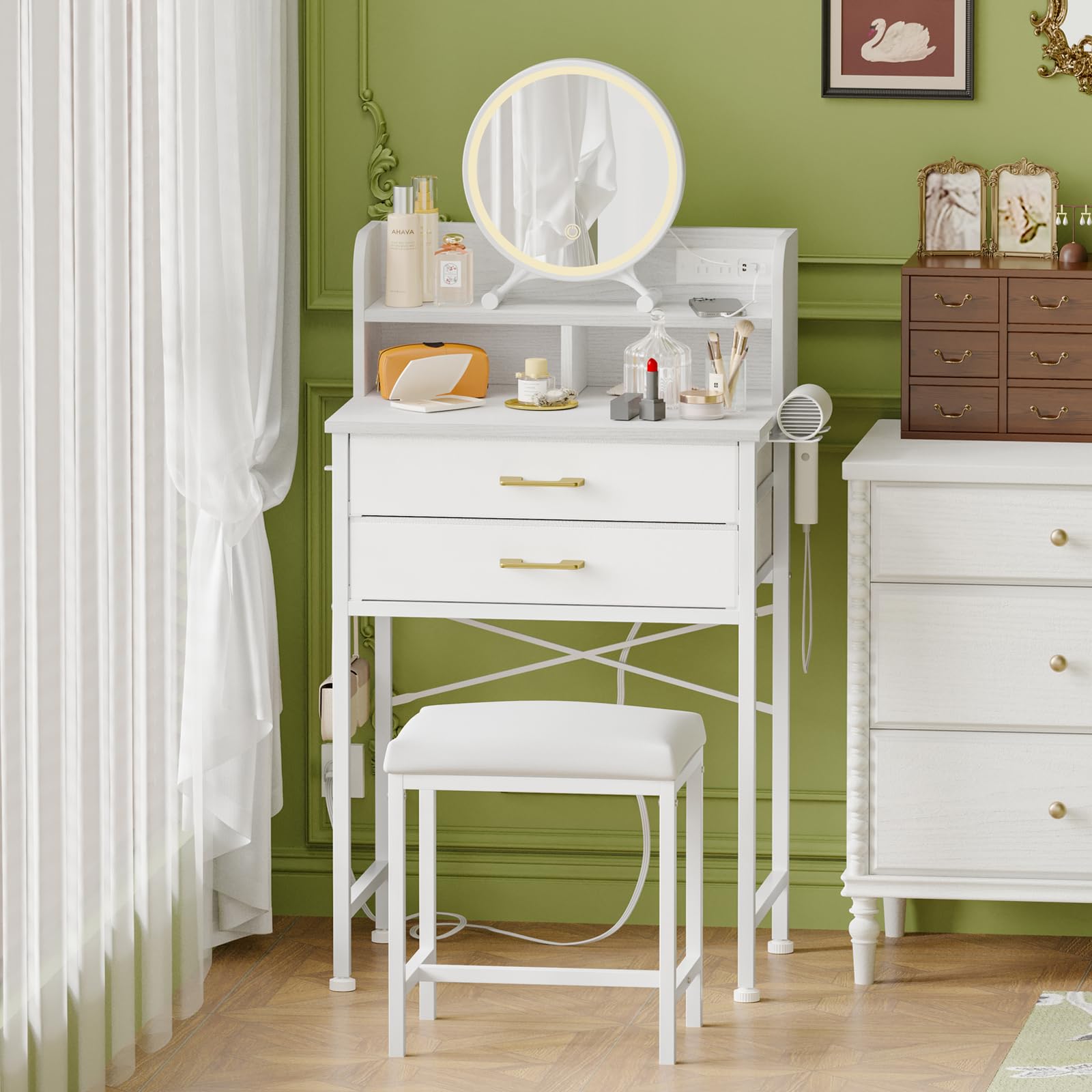 Fixwal White Small Vanity Desk Set with Lighted Mirror & Chair, Makeup Dressing Table with 2 Fabric Drawers & Power Outlet, Compact Vanity Table with Cushioned Stool for Small Bedroom Spaces - Perfect for Makeup, Skincare & Jewelry Organization