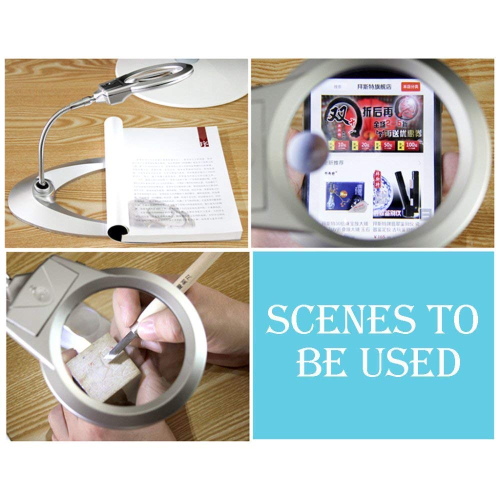 2X & 6X Magnifying Glass with LED Light - Dual Lens Desktop Magnifier for Reading, Crafts, Jewelry & Phone Repair - Senior Reading Aid & Hobby Tool (Silver)