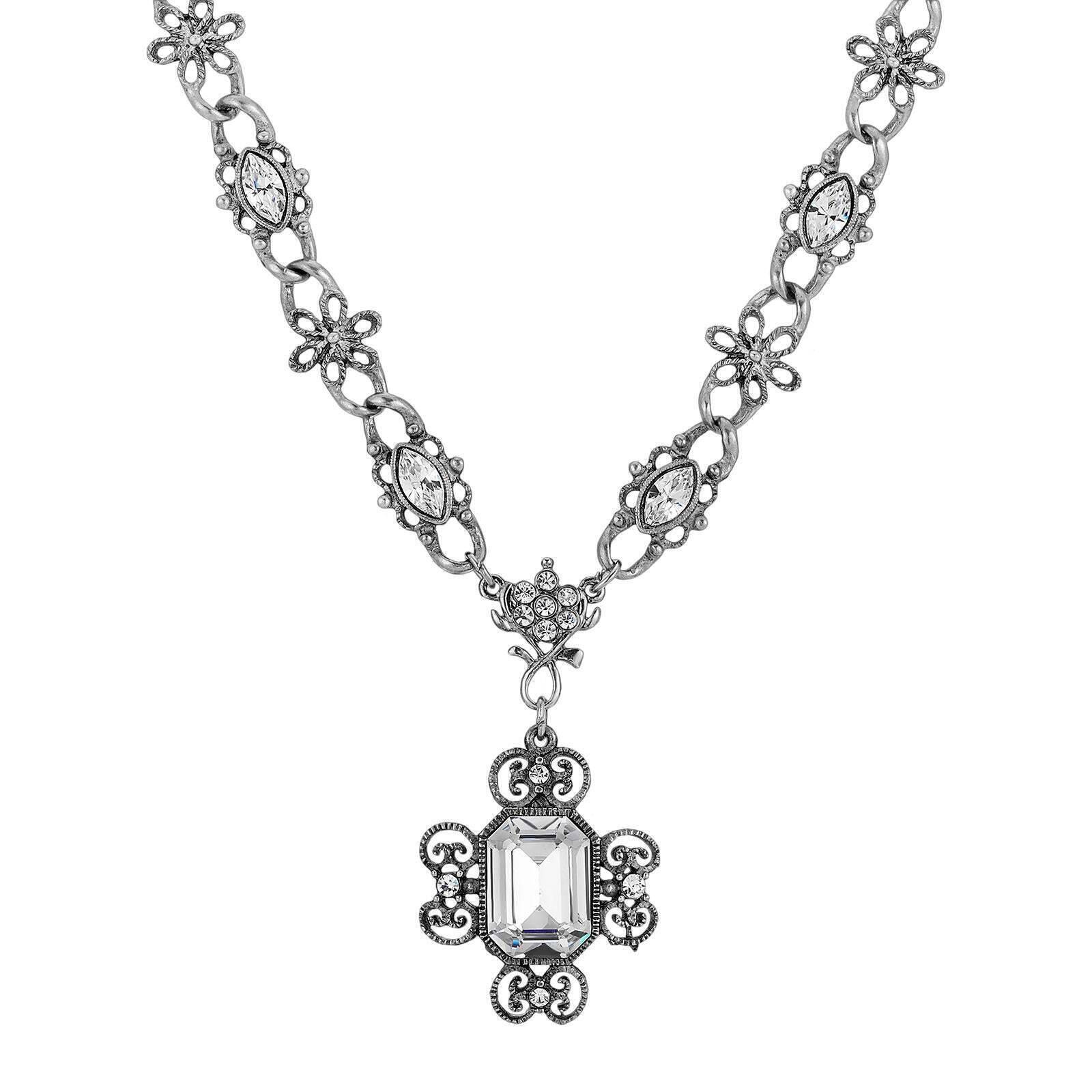 Antiqued Crystal Filigree Pendant Necklace - 15