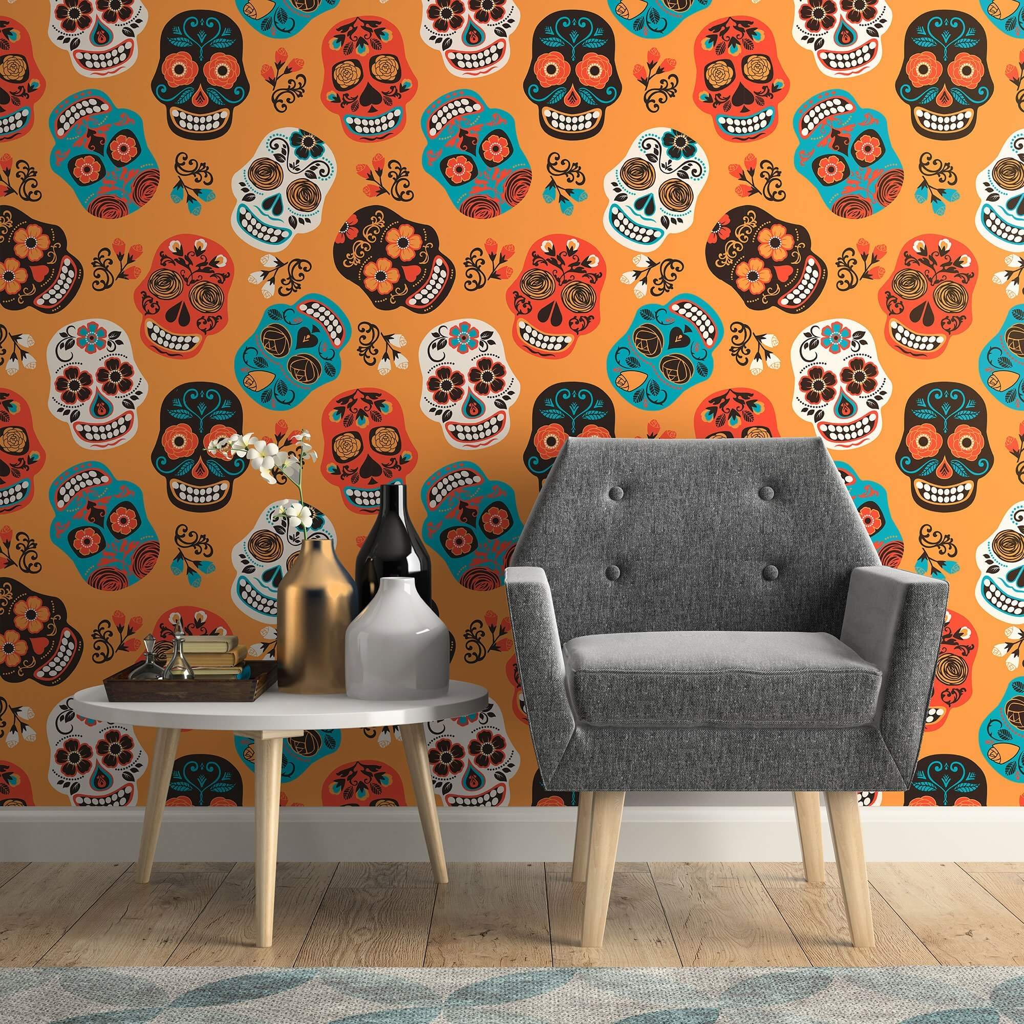 Orange and White Skulls Themed Peel and Stick Removable Wallpaper - Self-Adhesive Decorative Wall Covering for Bedroom, Living Room, or Office Decor