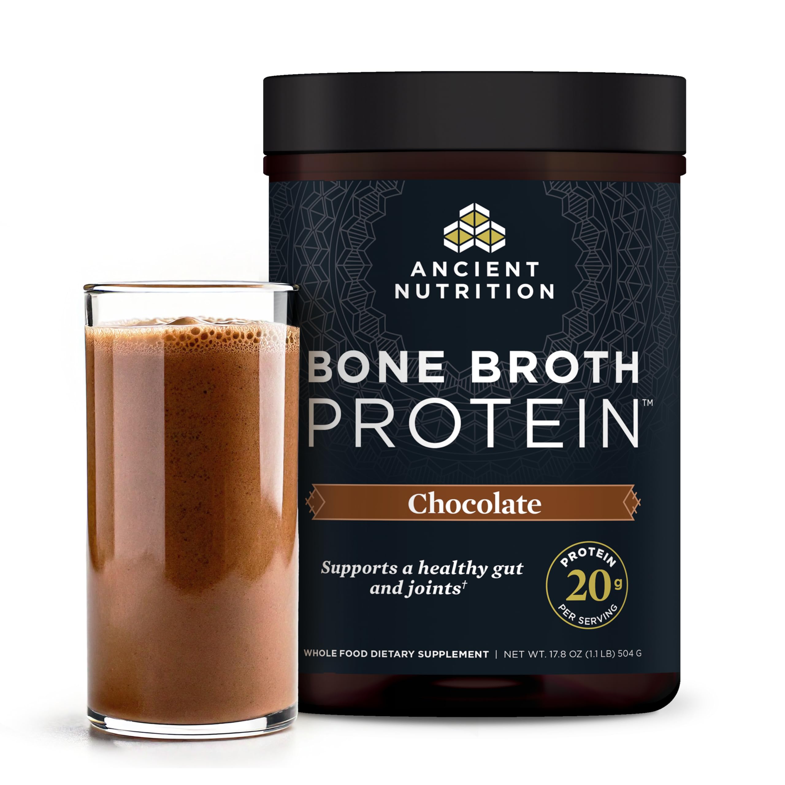 Ancient Nutrition Bone Broth Protein Powder - Chocolate Flavor, 20g Protein Per Serving, 20 Servings, Gluten Free Hydrolyzed Collagen Peptides Supplement - Perfect for Post-Workout Recovery, Smoothies & Baking