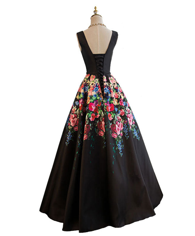 Elegant Black V-Neck Floral Long Prom Dress | Formal Evening Gown for Homecoming, Wedding & Special Occasions