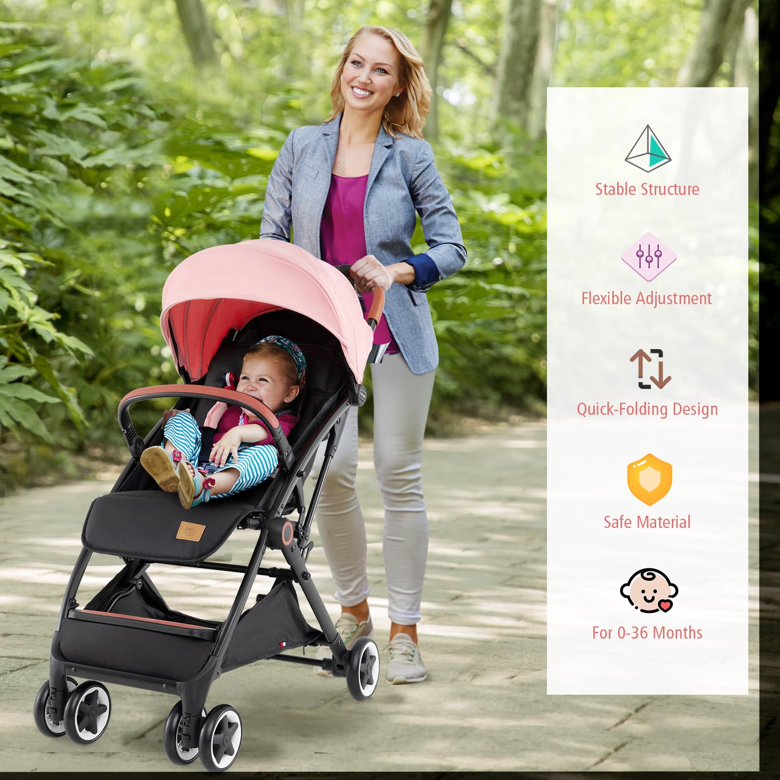 BABY JOY Lightweight Compact Baby Stroller for Travel - Airplane Approved Infant Stroller with 5-Point Safety Harness, Adjustable Backrest & Canopy, Large Storage Basket - Easy One-Hand Fold (Pink) | Perfect for Air Travel, Shopping, and Everyday Walks with Your Toddler