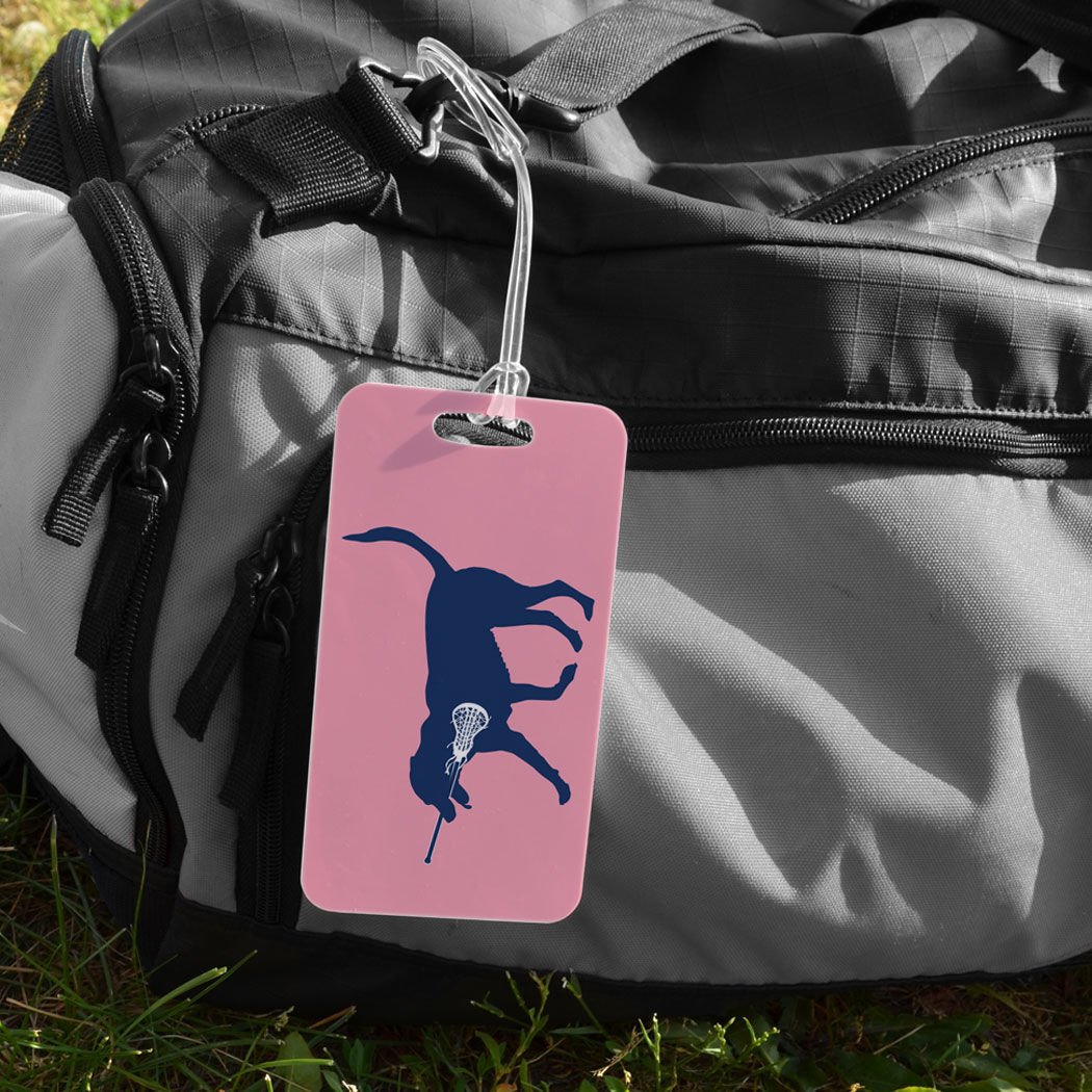 Custom Girls Lacrosse Luggage Tag - LuLa The Lax Dog Design with Personalization | Large Light Pink Sports Bag Tag for Travel & Team Gear Identification