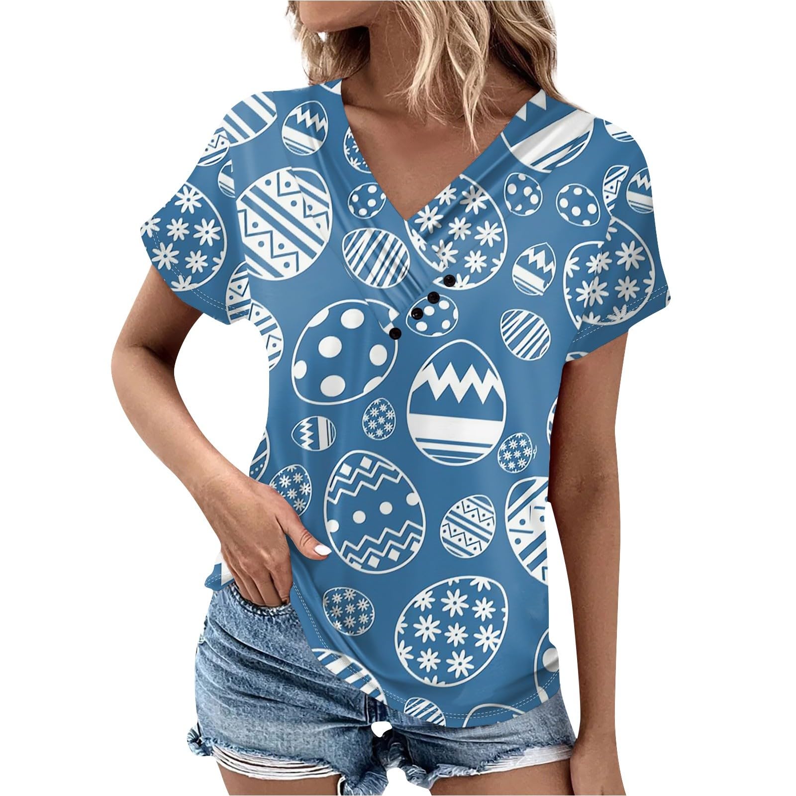 Women's Easter Printed Short Sleeve V-Neck Tunic Top - Casual Summer Button Shirt for Easter Outfits, Brunch & Spring Parties