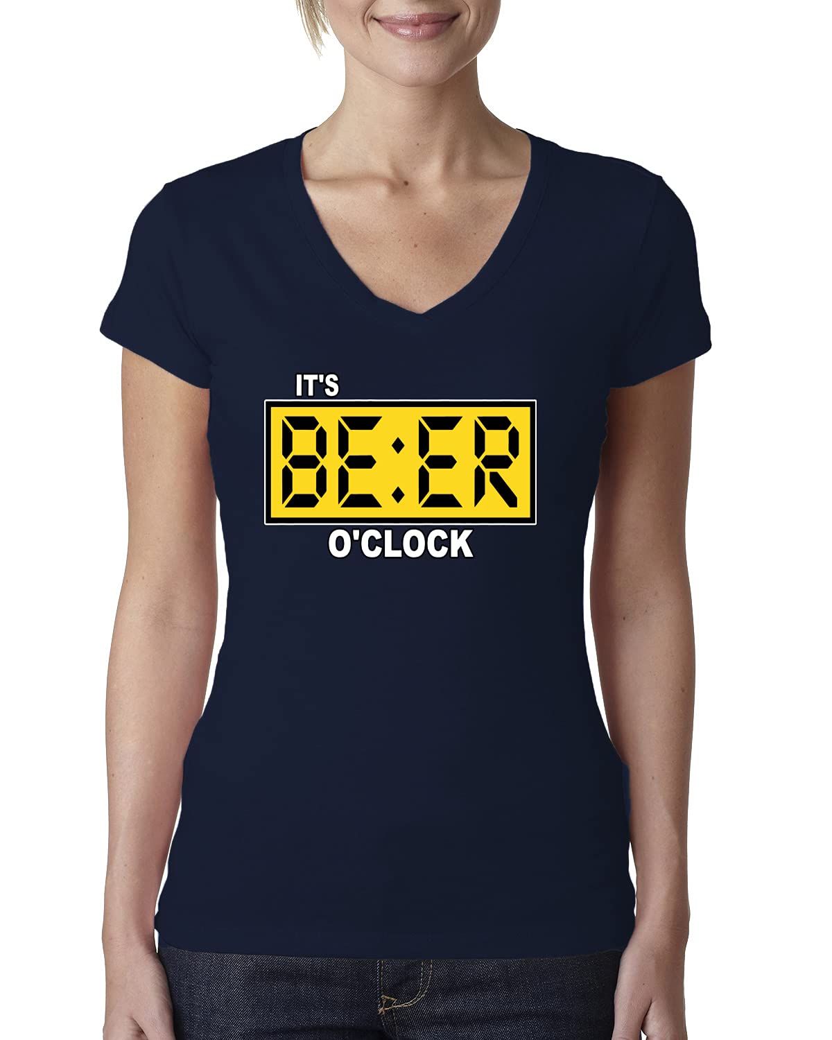 Wild Bobby It's Beer O'Clock Watch Face Drinking Women's Junior Fit V-Neck T-Shirt | Funny Beer Lover Gift for Women | Perfect for Pub Crawls, Girls Night Out & Casual Wear