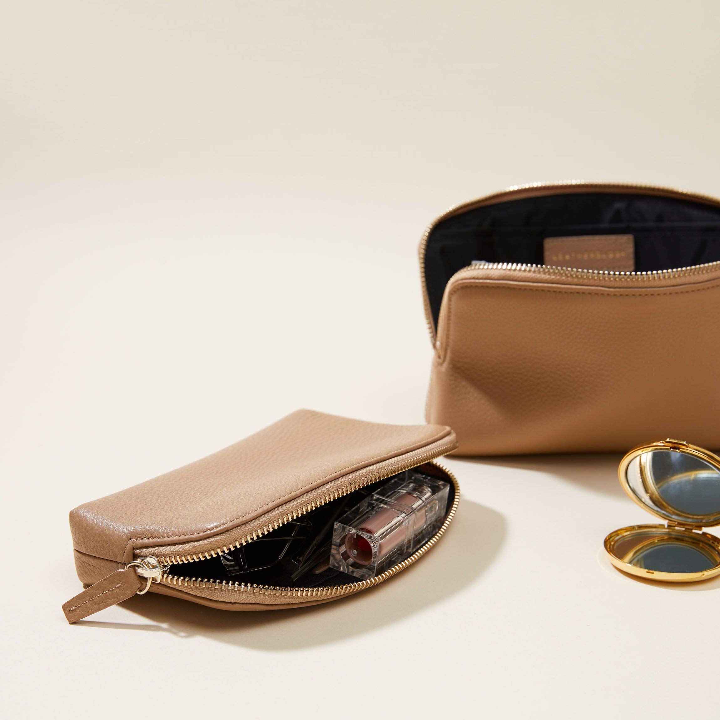 Premium Leather Makeup Bag Set for Women - Small & Medium Cosmetic Organizer Pouch | Travel, Gym & Everyday Essentials Storage