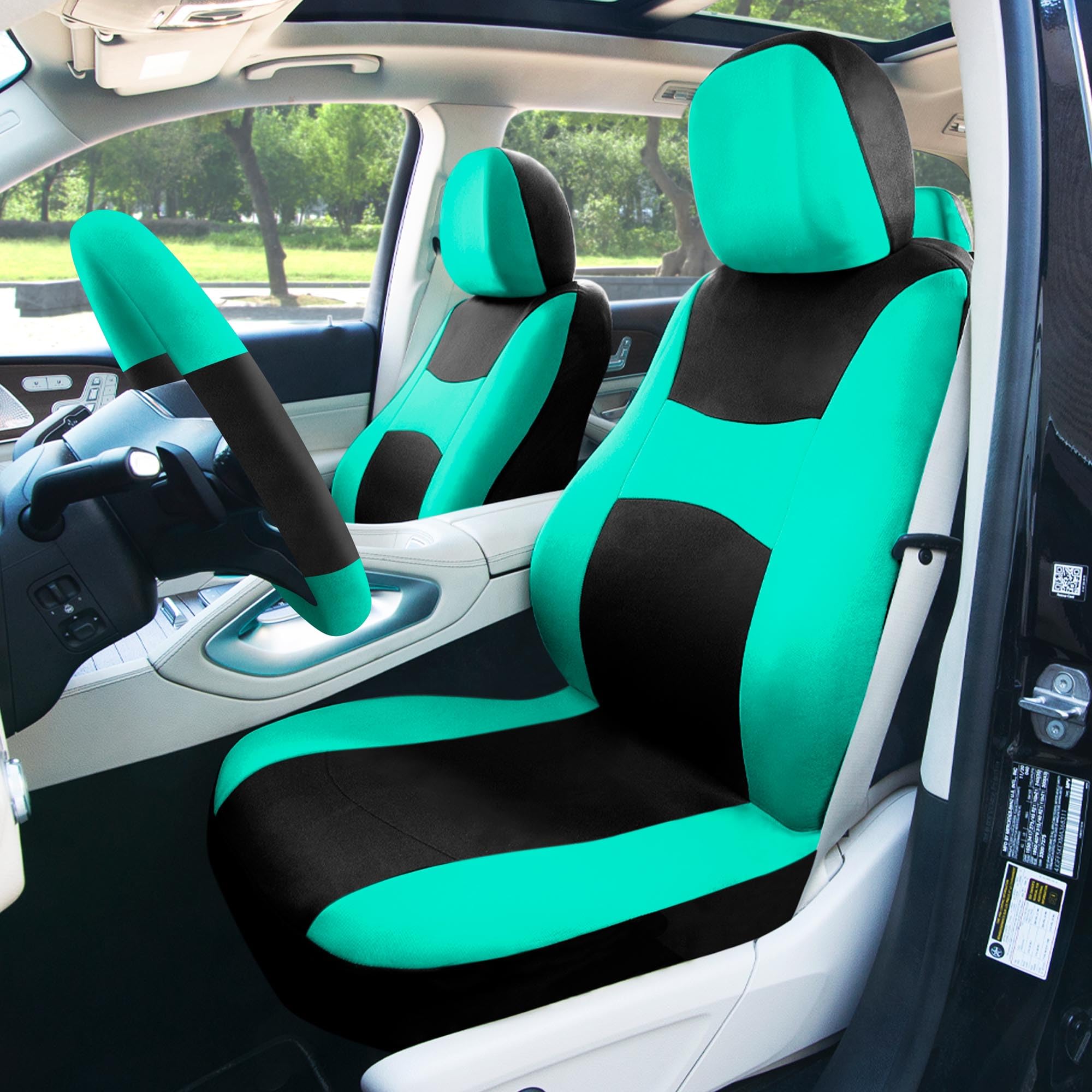 FH Group Light Breezy Cloth Mint Car Seat Covers Combo Set with Luxe Carpet Floor Mats & Steering Wheel Cover - Universal Fit for Cars, Trucks, SUVs | Premium Interior Accessories for Comfort & Style