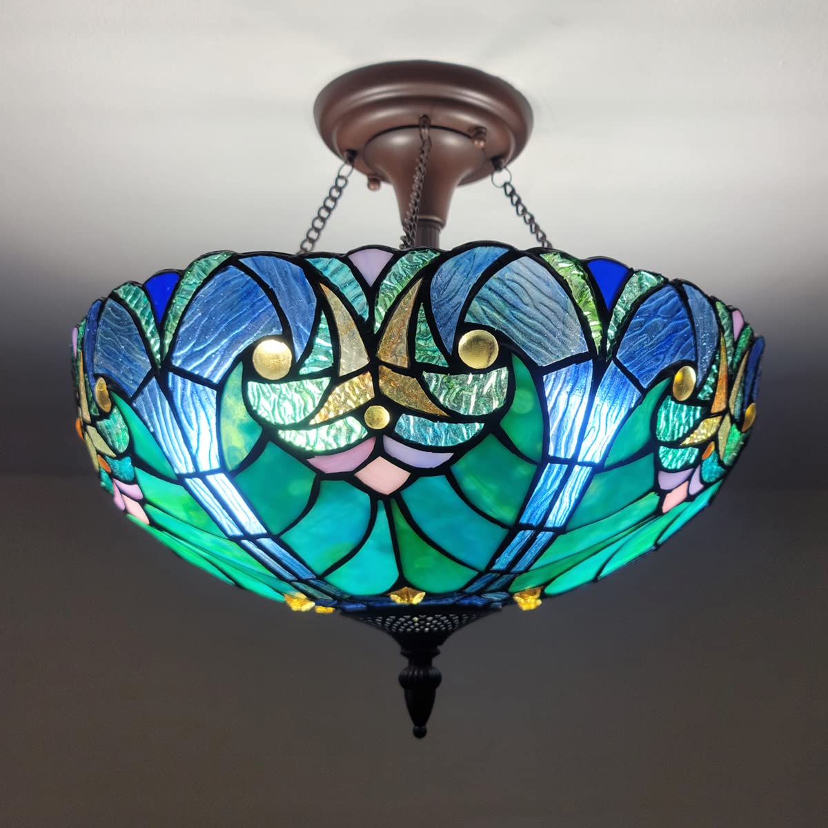 Tiffany Style Ceiling Light Fixture - 16 Inch Stained Glass Victorian Semi-Flush Mount Lamp with 2 Lights - Perfect for Hallway, Bedroom, Kitchen & Dining Room Lighting
