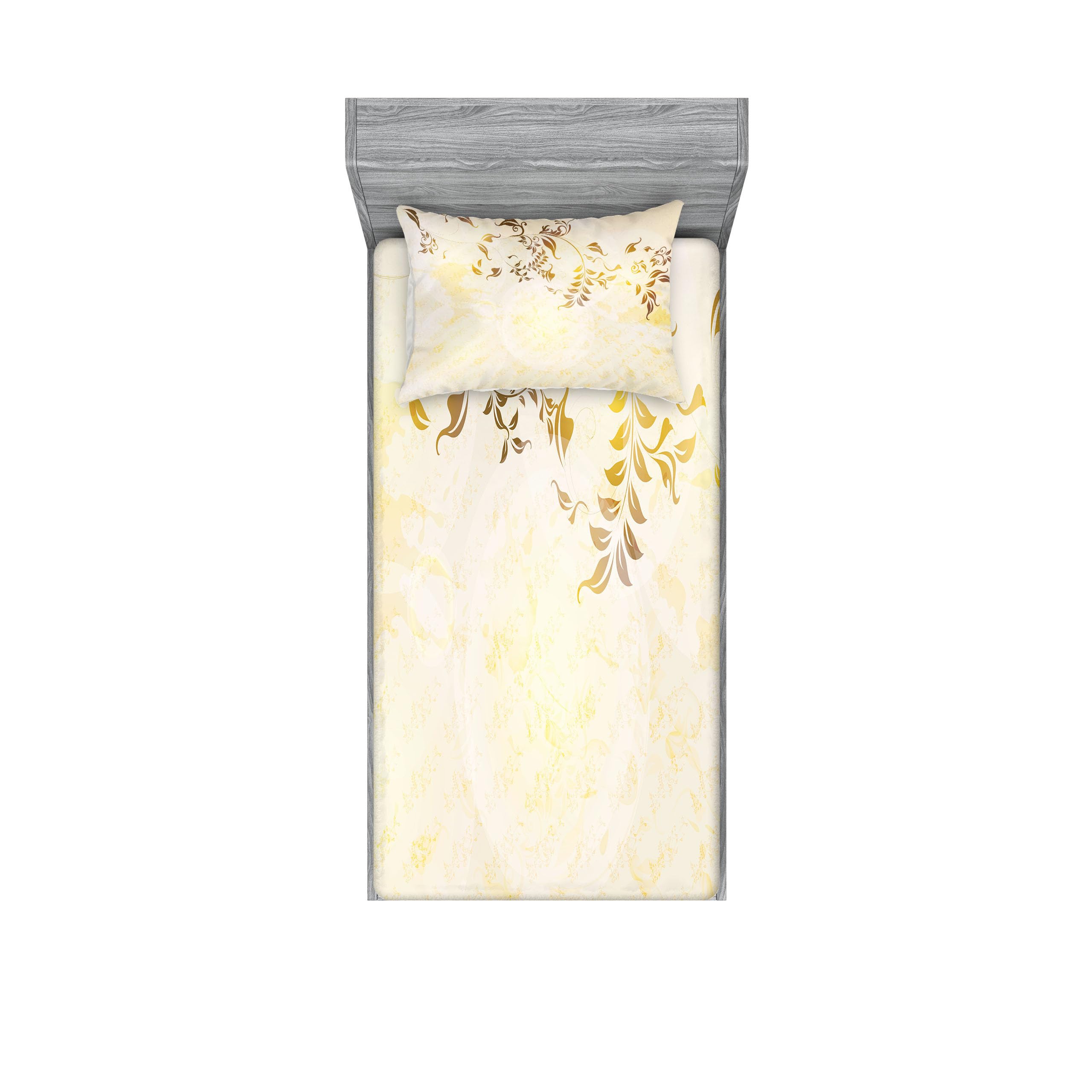 Ambesonne Beige Fitted Sheet & Pillow Sham Set - Vintage Branch Silhouette Artwork, 2-Piece Twin Size Bedding Set in Yellow Beige | Perfect for Boho Bedroom Decor, Guest Room Makeover & Cozy Home Styling
