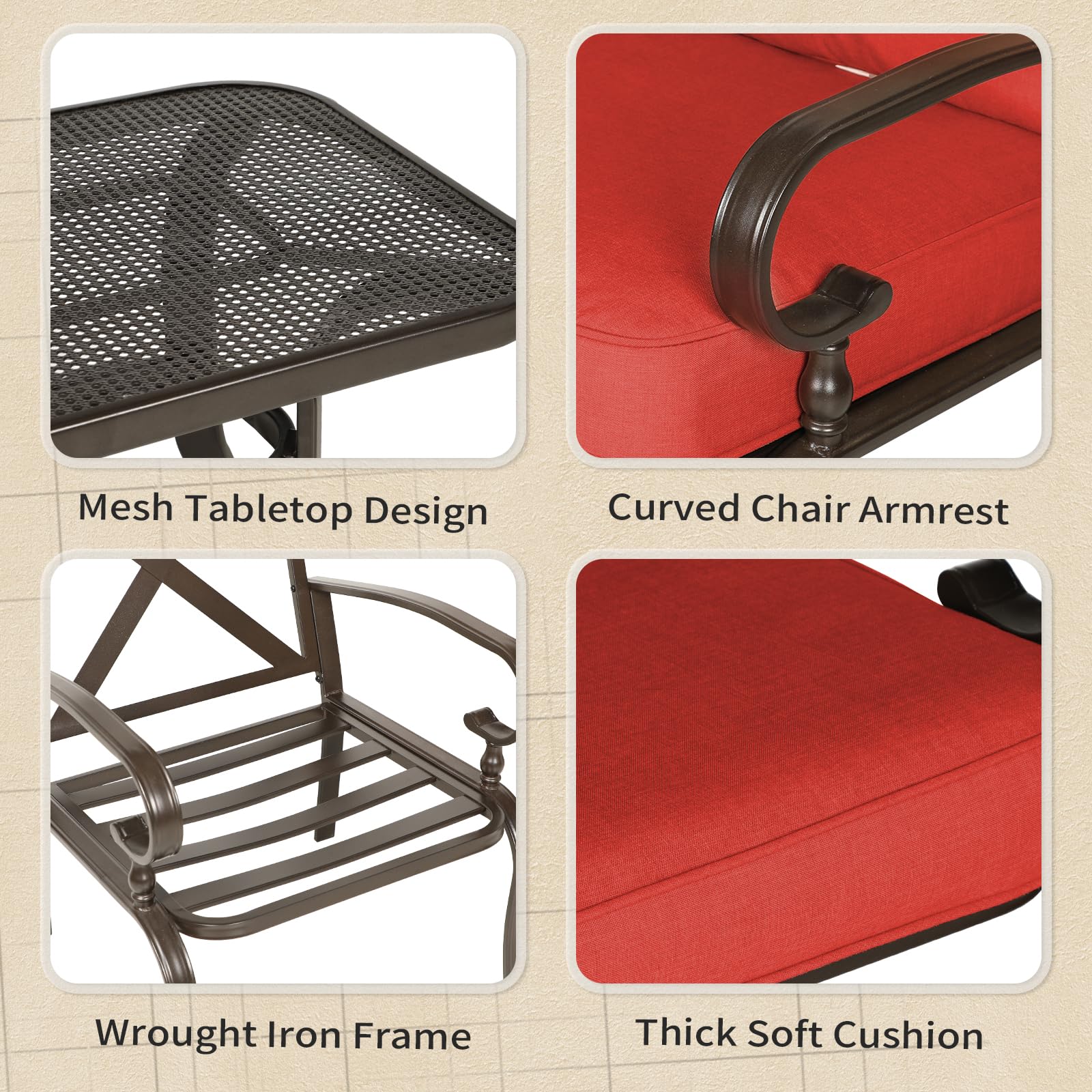 Oakcloud 4-Piece Metal Outdoor Patio Furniture Set - Wrought Iron Loveseat, Coffee Table & 2 Dining Chairs with Cushions (Red) - Perfect for Garden, Backyard, Poolside & Outdoor Conversations