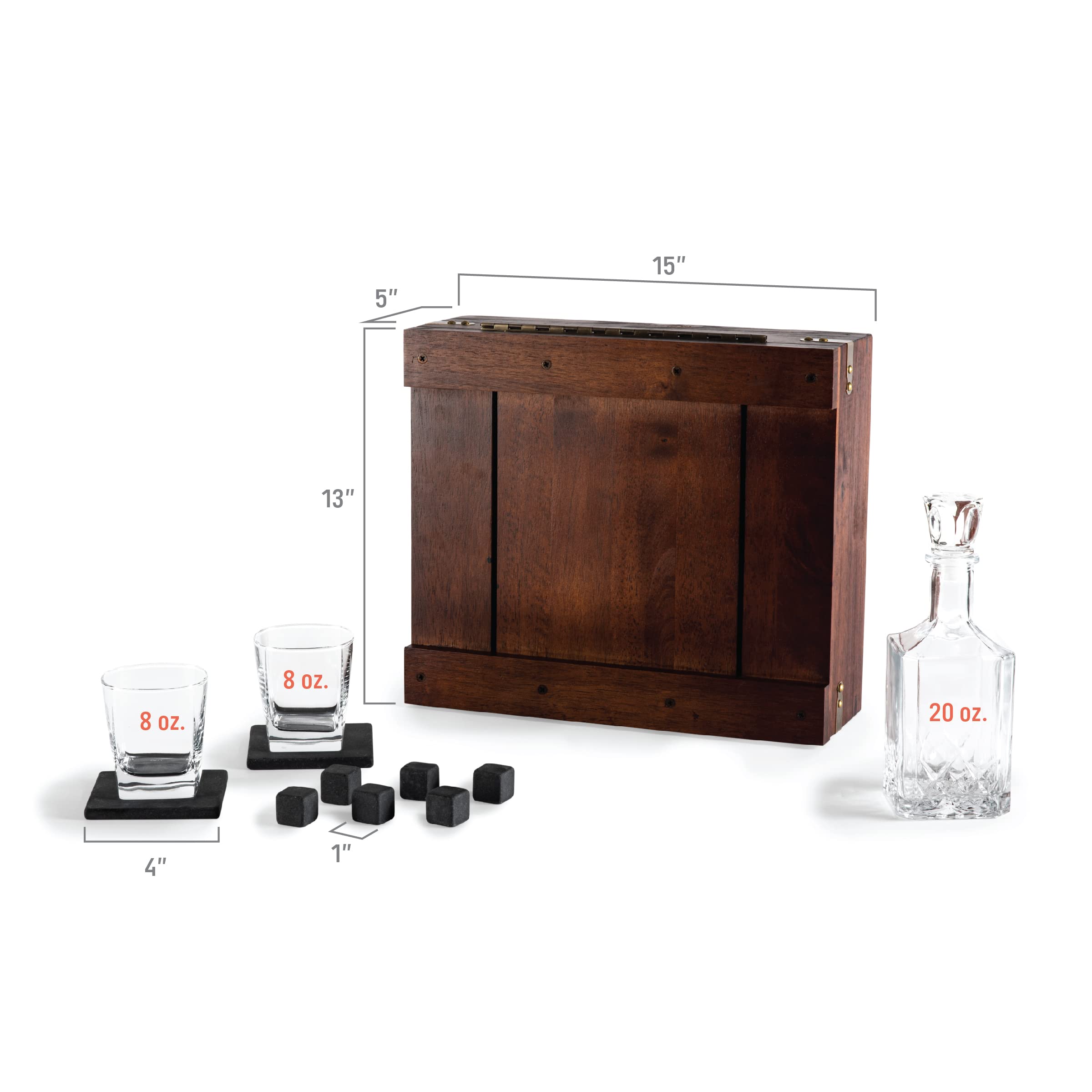 PICNIC TIME Whiskey Gift Set with Wooden Box & Glass Decanter - 14.8