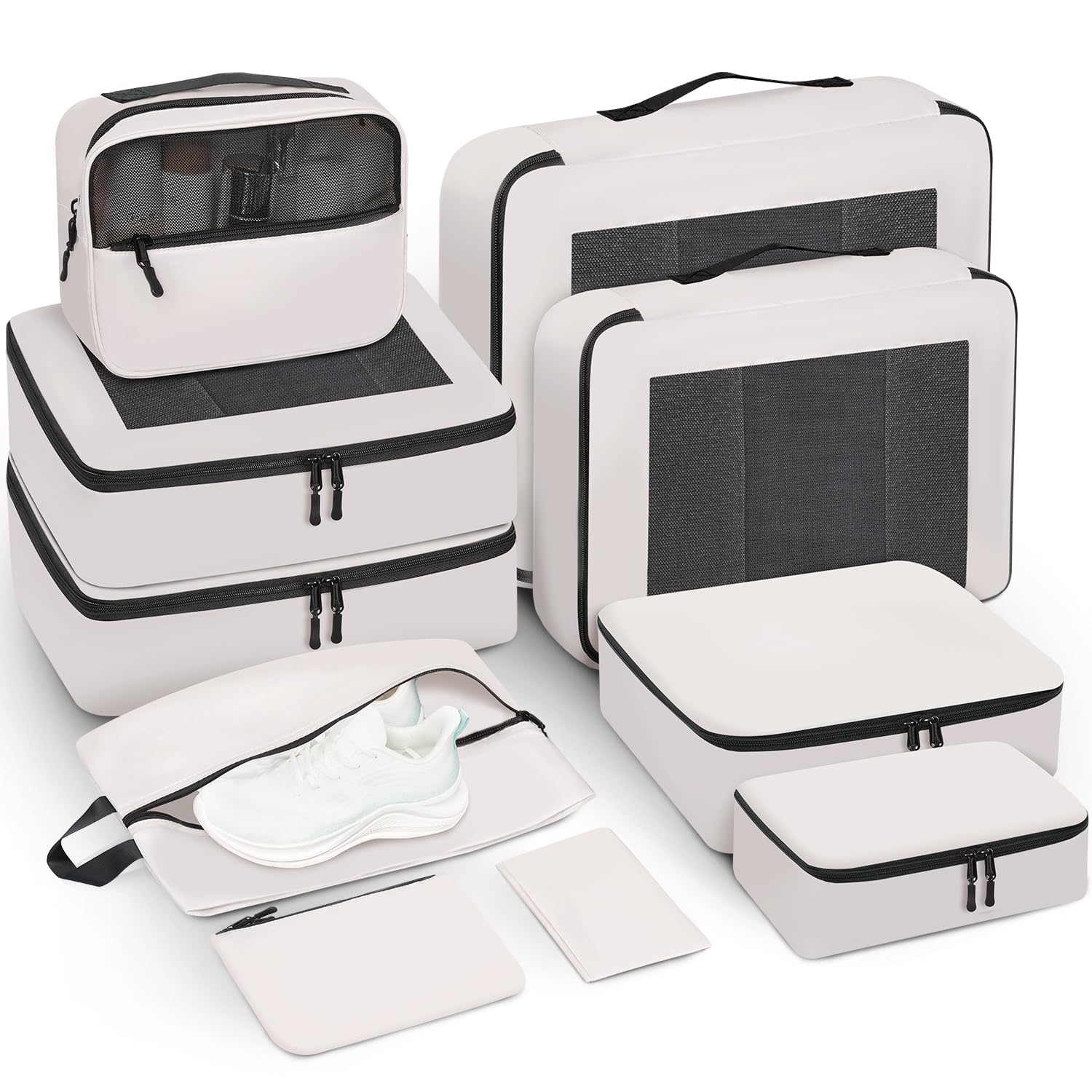 Premium 10-Piece Packing Cubes Set for Travel - Durable Luggage Organizer in Cream (XL/L/M/S) - Perfect for Toiletries, Underwear, Shoes & Travel Essentials - Ideal Women's Gift for Business Trips, Vacations & Weekend Getaways