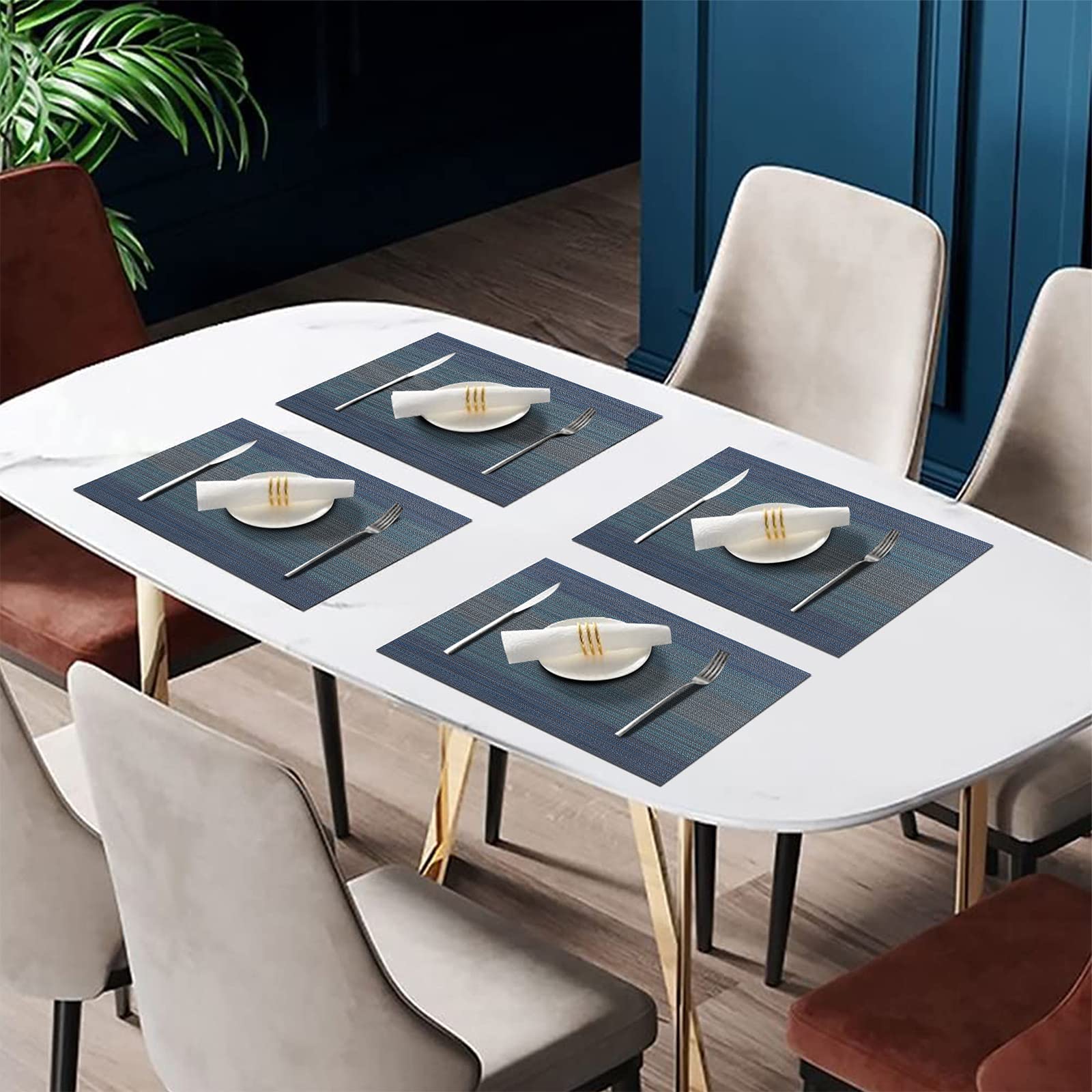 Premium Woven Vinyl Placemats Set of 6 - Heat Resistant & Washable Table Mats for Indoor/Outdoor Dining - Dark Blue - Perfect for Family Meals, Kids' Use, and Outdoor Entertaining