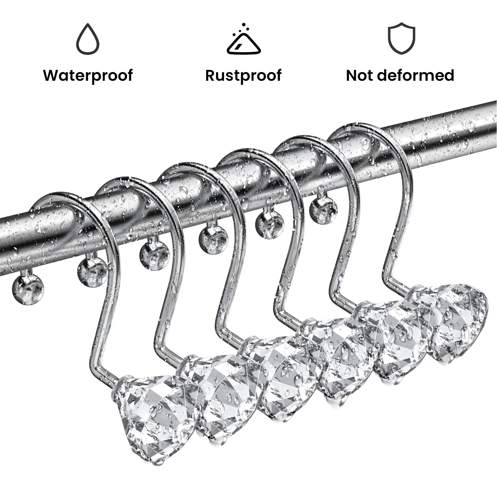 12PCS Crystal Shower Curtain Hooks - Diamond Shaped Bathroom Decor Hooks for Shower Curtains & Rods, Clear - Perfect for Modern Bathroom, Spa, Hotel & Home Decor