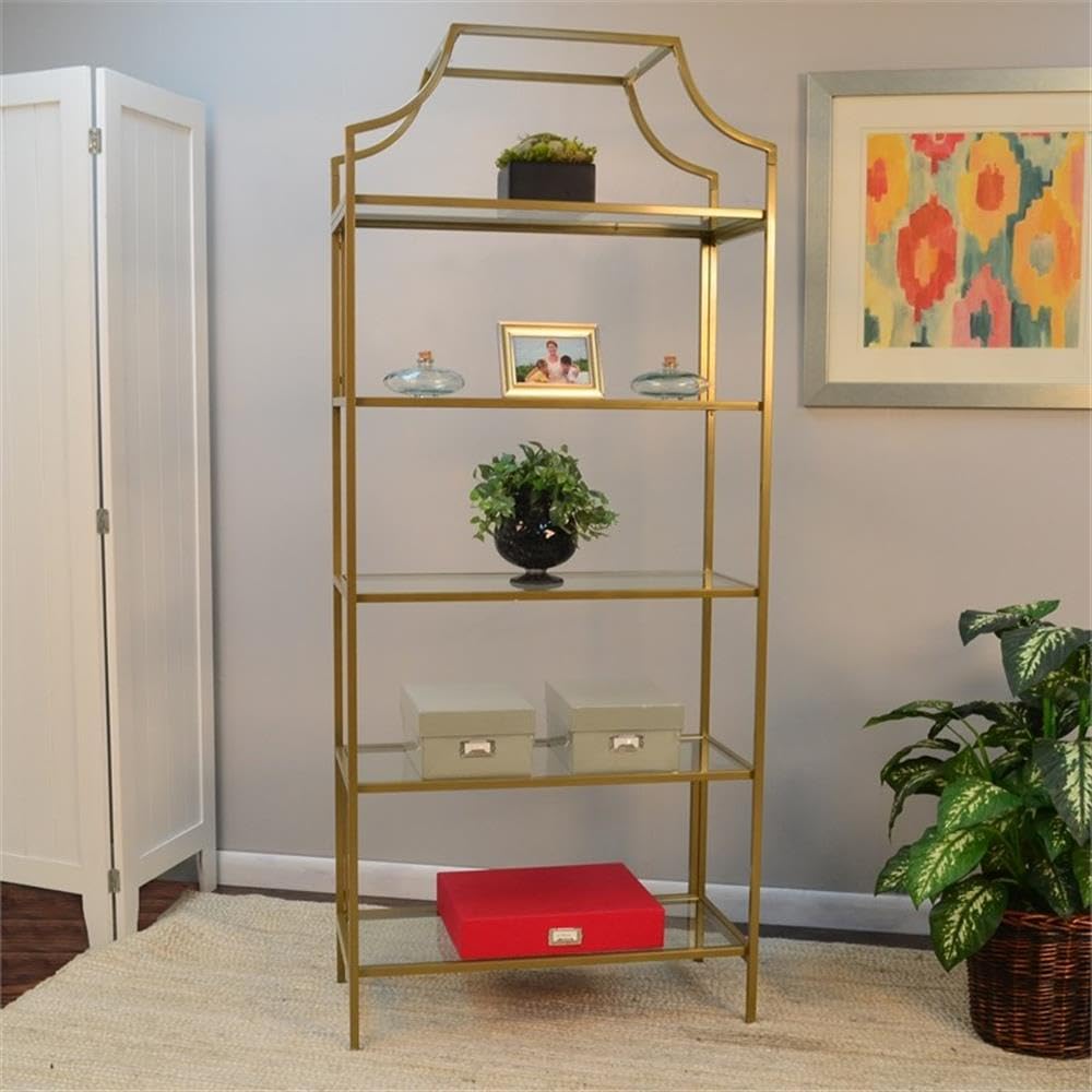 BOWERY HILL 5-Tier Gold Glass Shelf Bookcase - Modern Display Shelf for Living Room, Bedroom & Office Decor