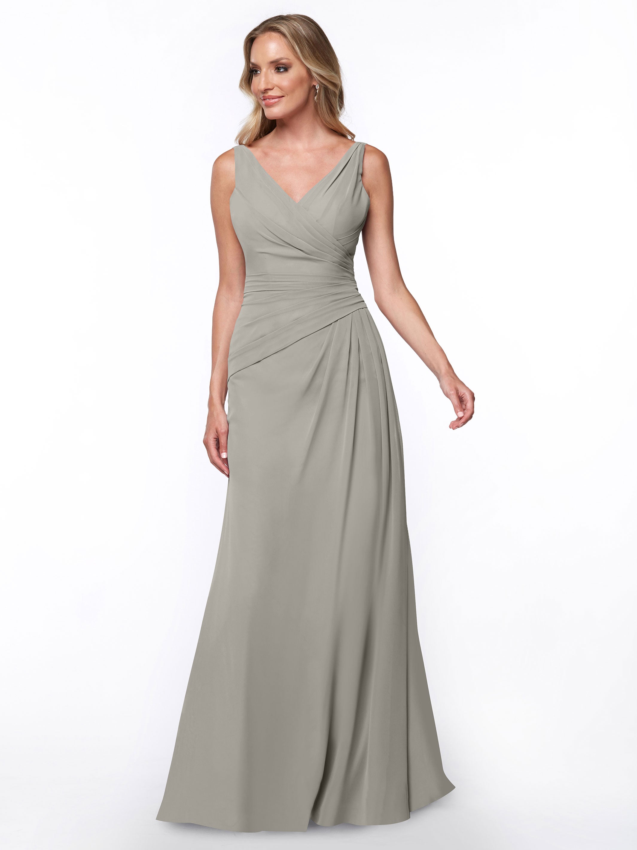 Elegant 80030 Chiffon Sheath Bridesmaid Dress with Ruching V-Neck Bodice - Perfect for Weddings, Formal Events & Special Occasions