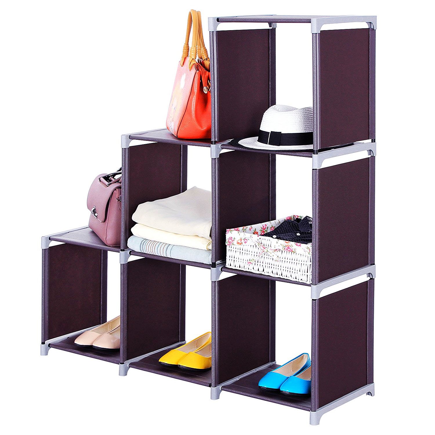DIY Modular Cube Storage Shelves - Stackable Closet Organizer with Metal Frame & Waterproof Fabric - 6-Cube Dark Brown Shelf Unit for Bedroom, Office, Kids Room Organization & Home Decor