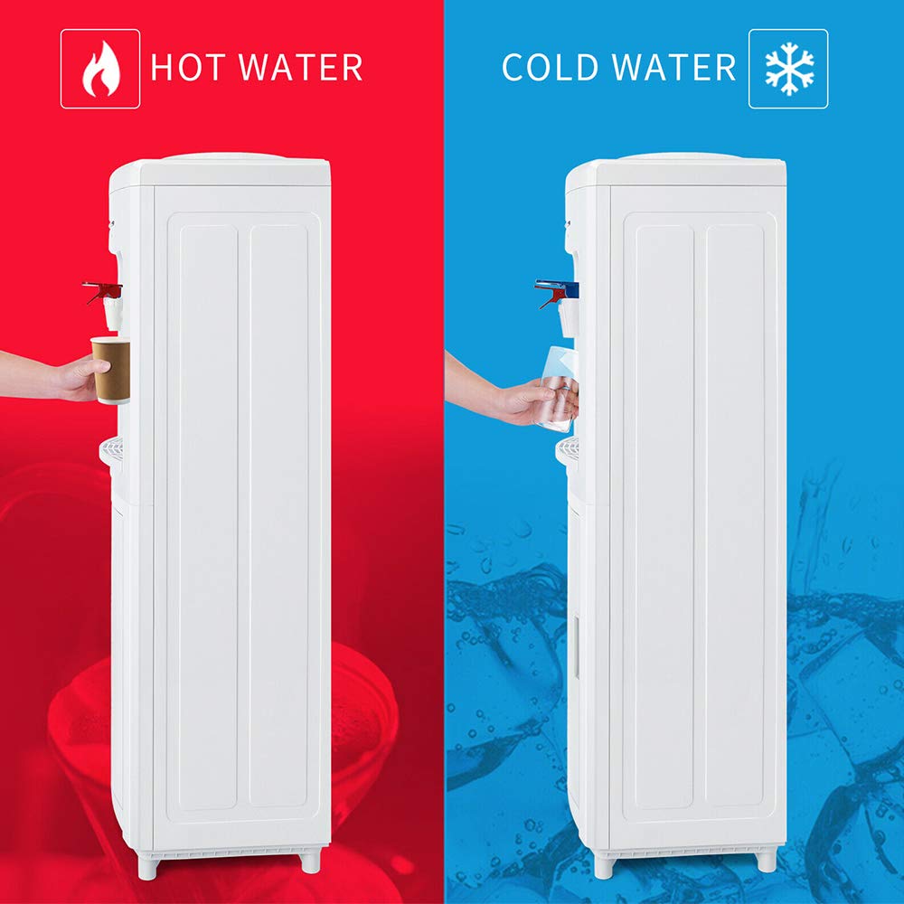 White Modern Top Loading 5 Gallon Water Cooler Dispenser with Hot & Cold Settings - Freestanding Electric Countertop for Home & Office - Storage Cabinet, Plastic & Stainless Steel (11.22