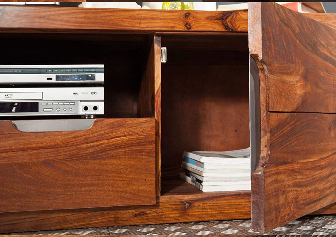 Gfine Solid Sheesham Wood TV Stand with 2 Doors & 2 Drawers - 175x45x50Cm Modern Entertainment Center for Living Room & Home Theater