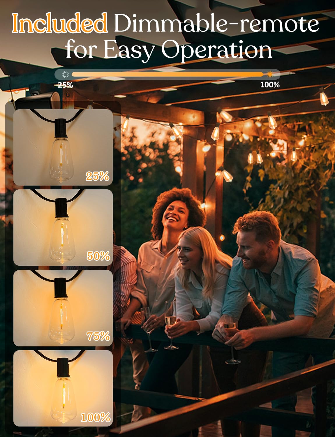 100ft Solar Outdoor String Lights with Remote - USB Rechargeable Waterproof Patio Lights, 3.5W Solar Panel, Timer & Dimmable Shatterproof ST38 Bulbs for Backyard, Garden, Pool, Wedding, Party | Perfect for Outdoor Decor, Landscape Lighting and Evening Ambiance