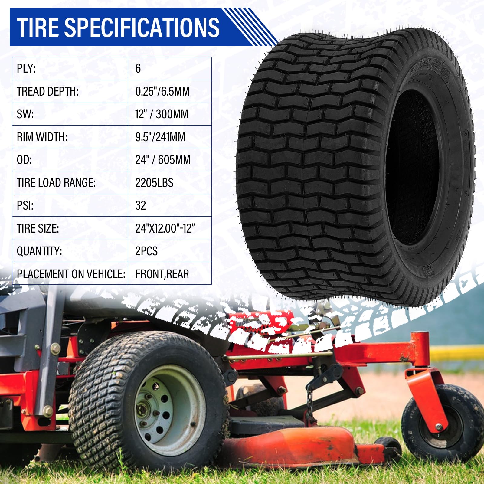 24x12.00-12 6-Ply Tubeless Lawn Mower Tractor & Golf Cart Tires - Heavy Duty Garden Turf Tires (Set of 2) - Perfect for Lawn Care, Golf Courses & Agricultural Use