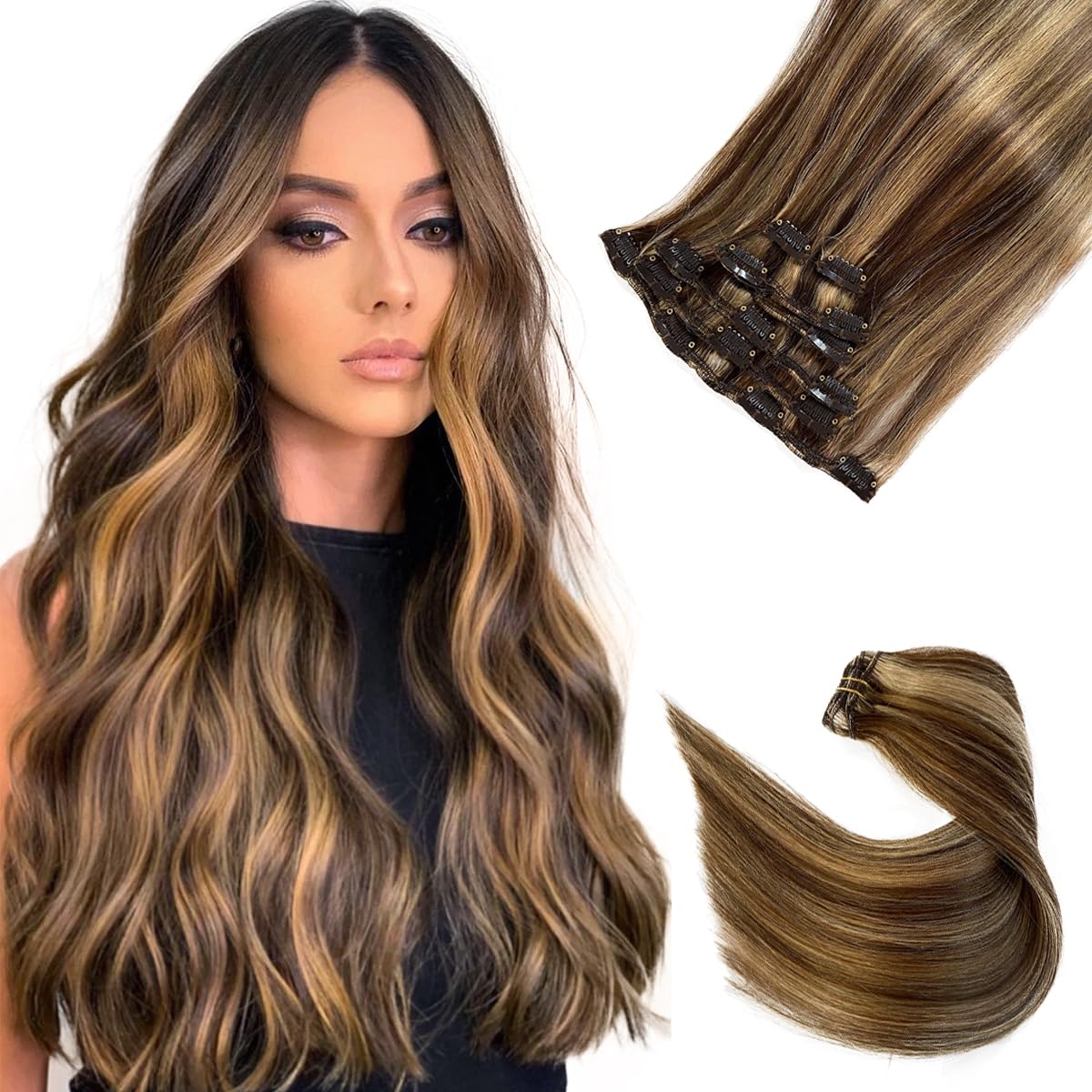 Clip In Remy Human Hair Extensions 20 Inch 7 Pieces 70g Straight Double Weft - Chocolate Brown to Caramel Blonde Highlights (#4P27) | Natural Looking Hair Extensions for Women | Perfect for Parties, Weddings & Everyday Styling