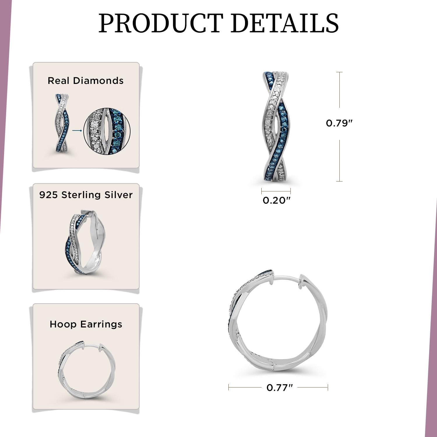 Jewelili Sterling Silver Twisted Hoop Earrings for Women - 1/6 CTTW Blue & White Diamond Studded Classic Hoops | Elegant Gift Box Included | Perfect for Weddings, Anniversaries & Special Occasions