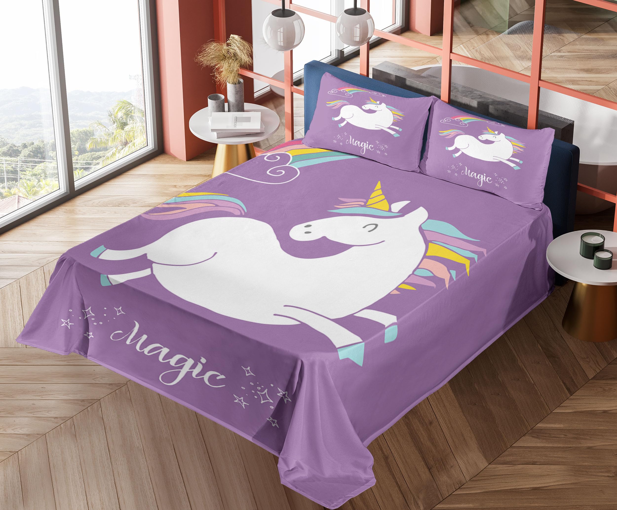Ambesonne Unicorn Bedding Set - 4 Piece King Size Sheets with Mythical Animal, Clouds & Rainbow Print - Soft Lavender & White Fitted & Flat Sheets + Pillowcases - Perfect for Kids' Rooms, Fantasy Themed Bedrooms & Gift Giving