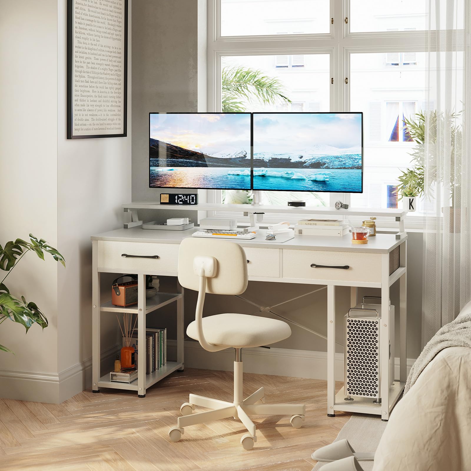 ODK 3-Drawer Reversible Desk, Computer Table with Monitor Stand, Home Office Workstation (120x50x90cm, White) - Perfect for Small Spaces, Remote Work & Study