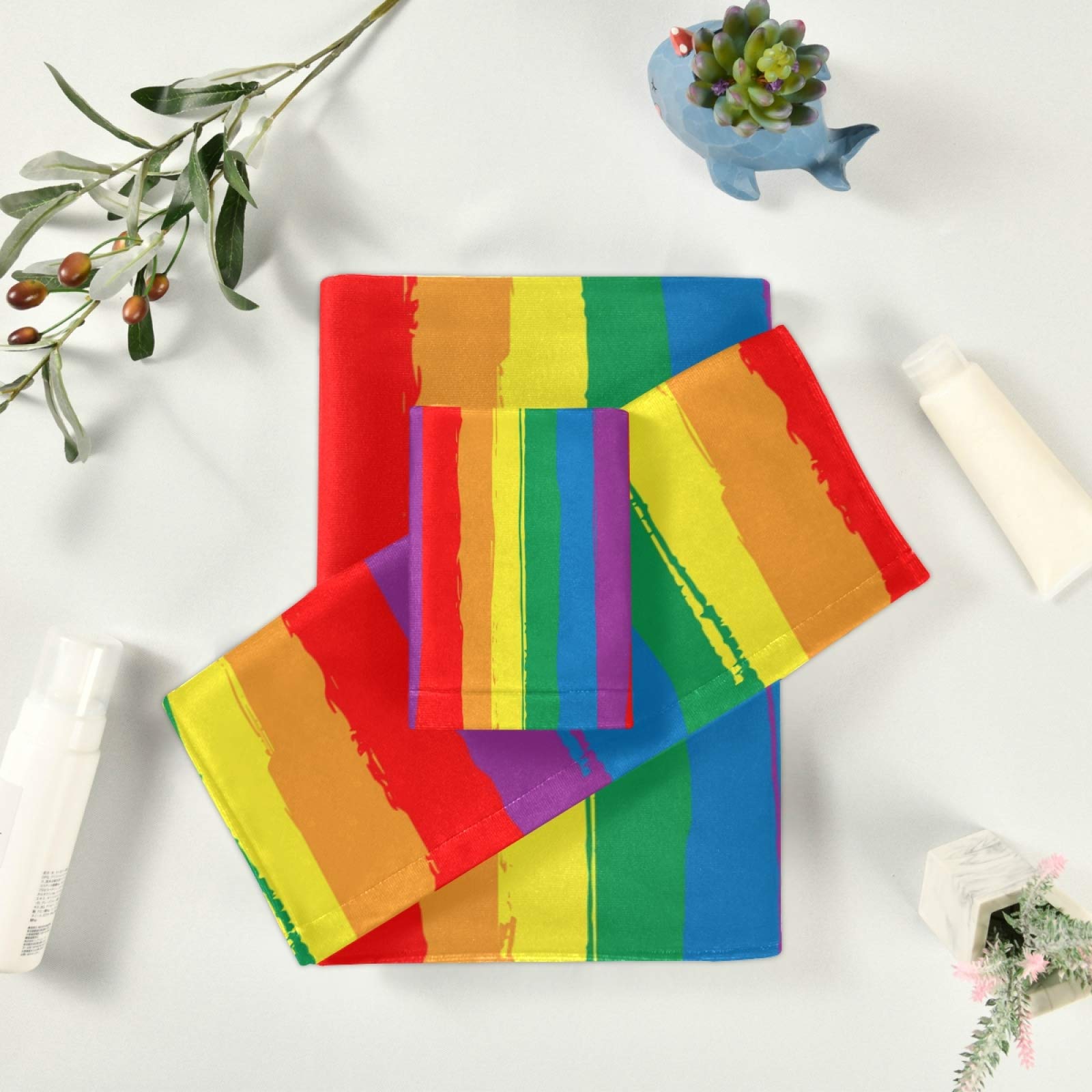 ALAZA Rainbow Striped 3-Piece Bath Towel Set - 1 Bath Towel, 1 Hand Towel, 1 Washcloth | Ultra Soft & Absorbent Cotton Towels for Bathroom, Kitchen, Gym, Beach & Travel | Home Essentials & Spa Luxury