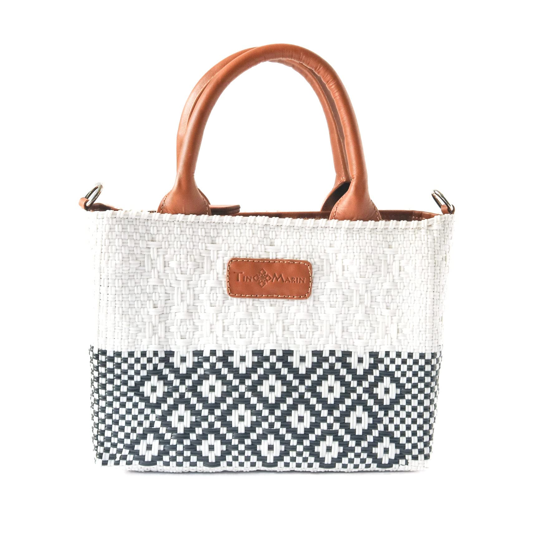 Eco-Friendly Small Woven Crossbody Bag with Tan Leather Handles - Adjustable Strap & Secure Zipper Closure | Handcrafted Mexican Recycled Plastic Purse | Perfect for Summer Travel, Beach Outings & Daily Use