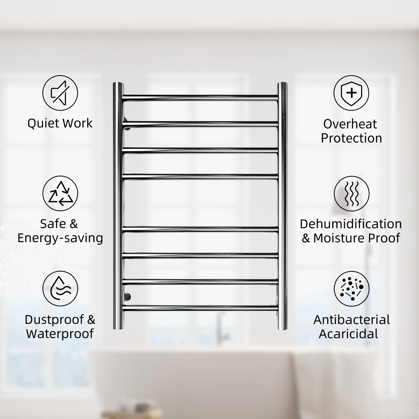 Polished Chrome Electric Heated Towel Warmer - 8 Bar Stainless Steel Wall Mounted Bathroom Towel Rack (70W, 27.56x19.69x4.41 inches) - Perfect for Spa-Like Bathroom Luxury & Quick Drying of Wet Towels