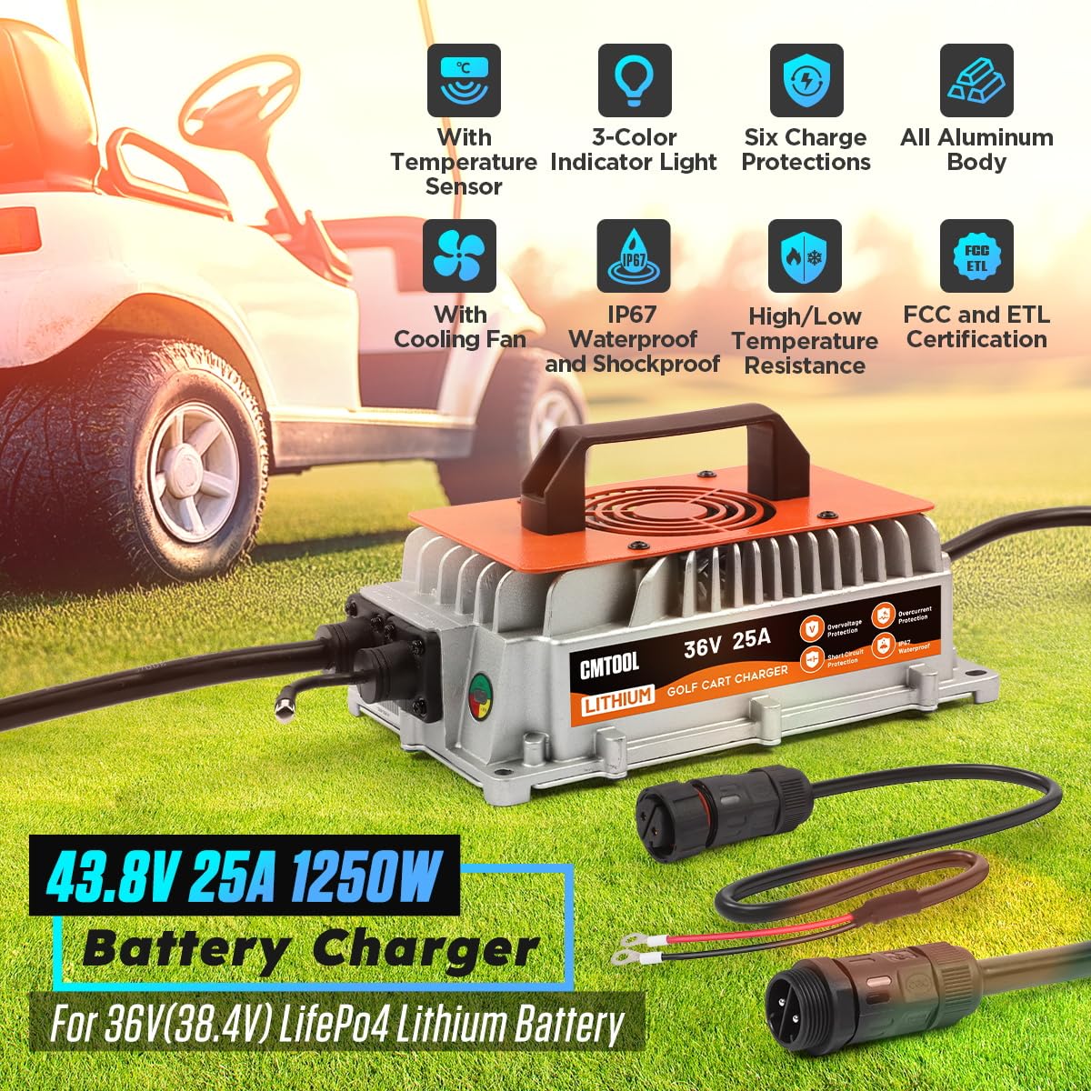 CMTOOL 36V 25A Lithium Battery Fast Charger for Golf Cart - IP67 Waterproof, 43.8V Smart Charger with Auto Shutoff - Perfect for Electric Golf Carts, Scooters & Outdoor Power Equipment