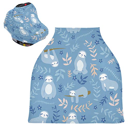 Stretchy Baby Car Seat Canopy - Sloth Blue Infant Car Seat Cover & Stroller Cover | Multi-Use Nursing Cover for Newborns | Perfect for Breastfeeding, Shopping & Travel Protection